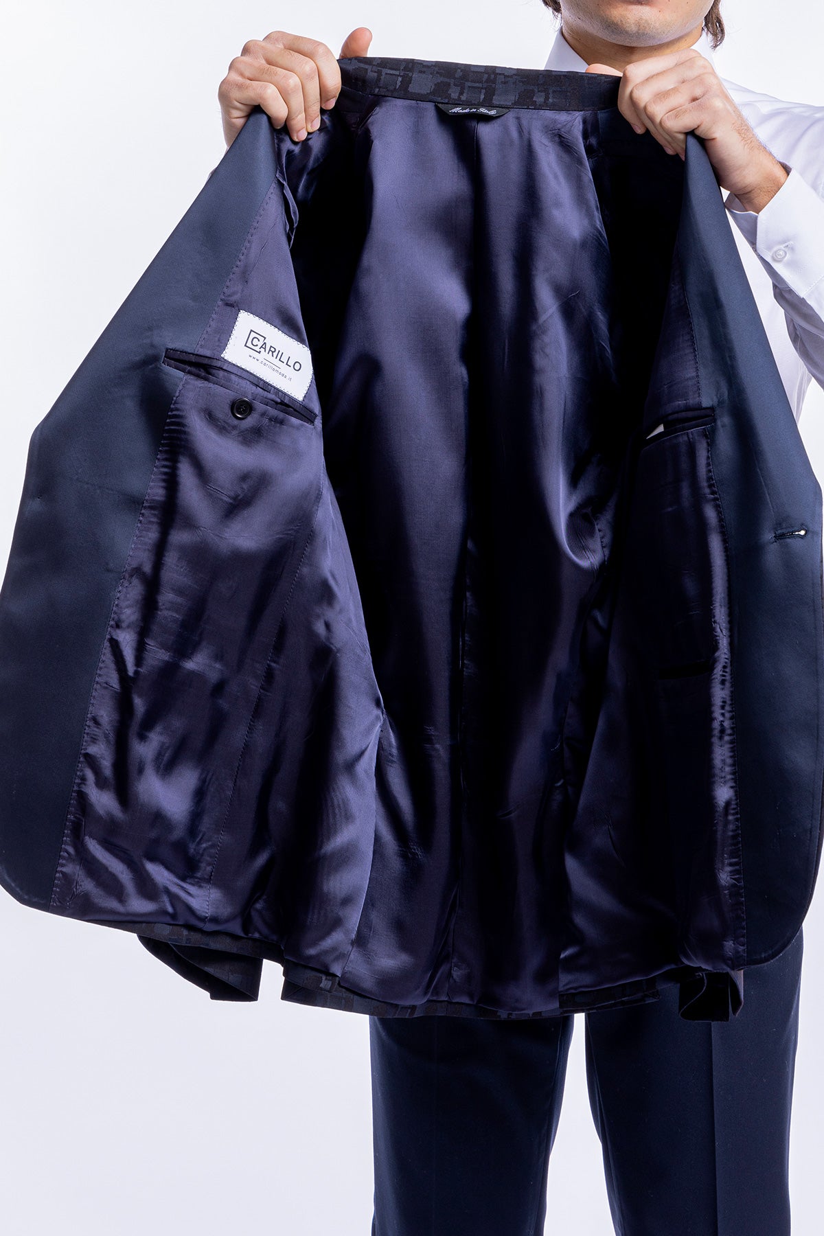 Giacca uomo smoking monopetto sartoriale fantasia nero blu rever a lancia larga