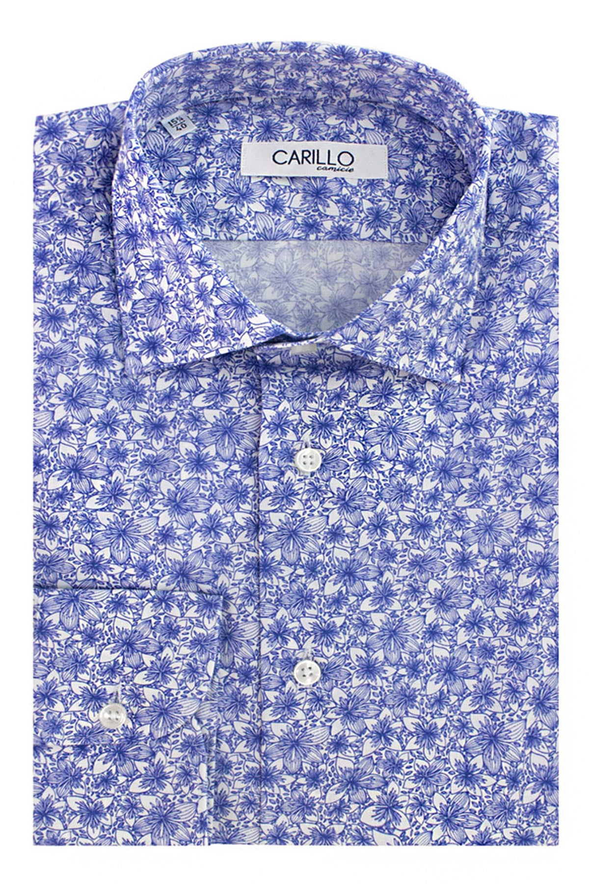 Camicia uomo collo italiano slim fit cotone elastico fantasia fiori blu