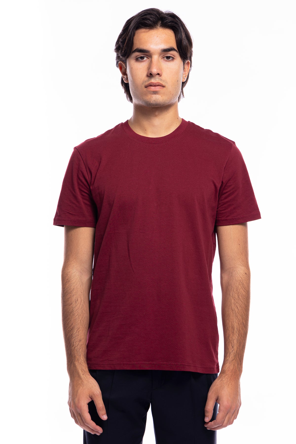T-shirt da uomo bordeaux in cotone organico tinta unita regular fit elasticizzata girocollo