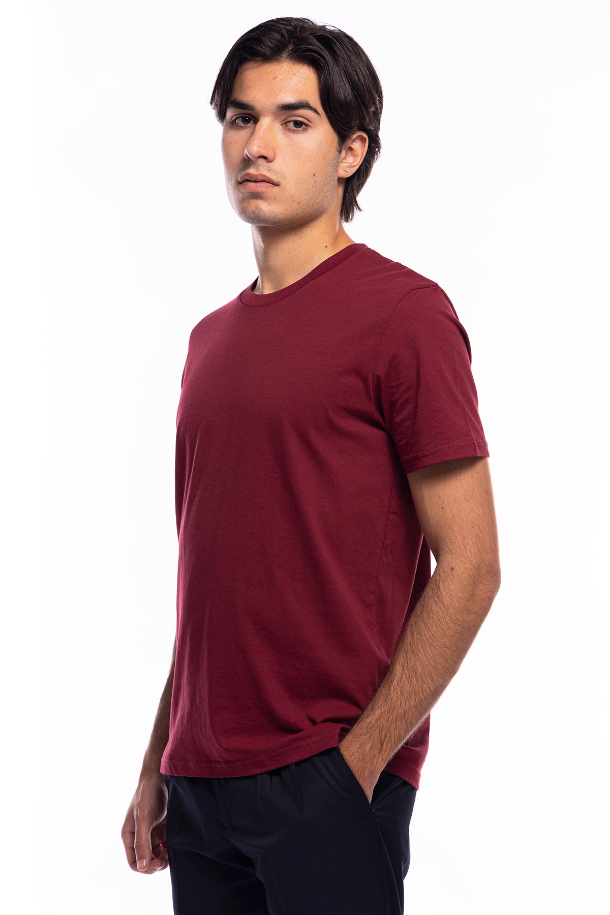 T-shirt da uomo bordeaux in cotone organico tinta unita regular fit elasticizzata girocollo