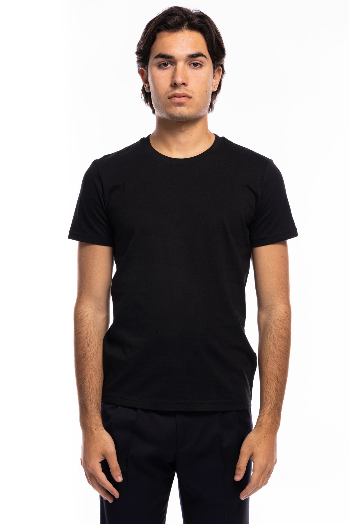 T-shirt da uomo in cotone nera organico tinta unita regular fit elasticizzata girocollo
