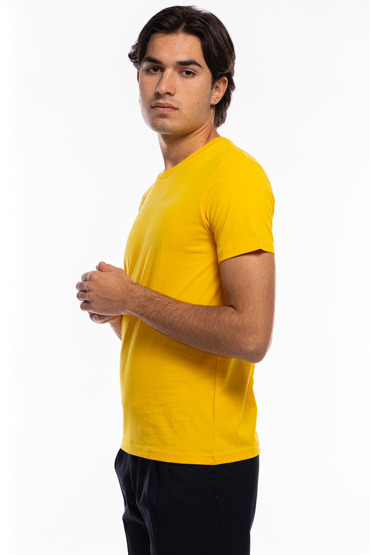 T-shirt da uomo in cotone organico tinta unita senape regular fit elasticizzata girocollo