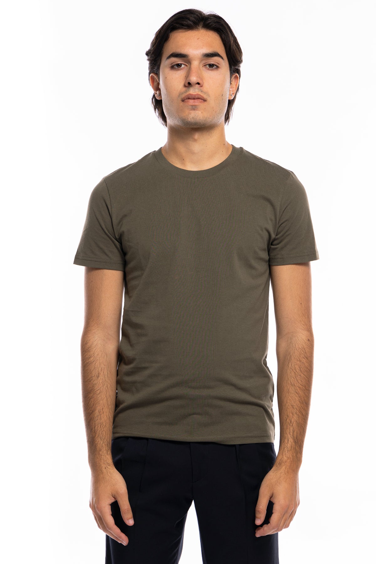 T-shirt da uomo in cotone organico tinta unita verde oliva regular fit elasticizzata girocollo