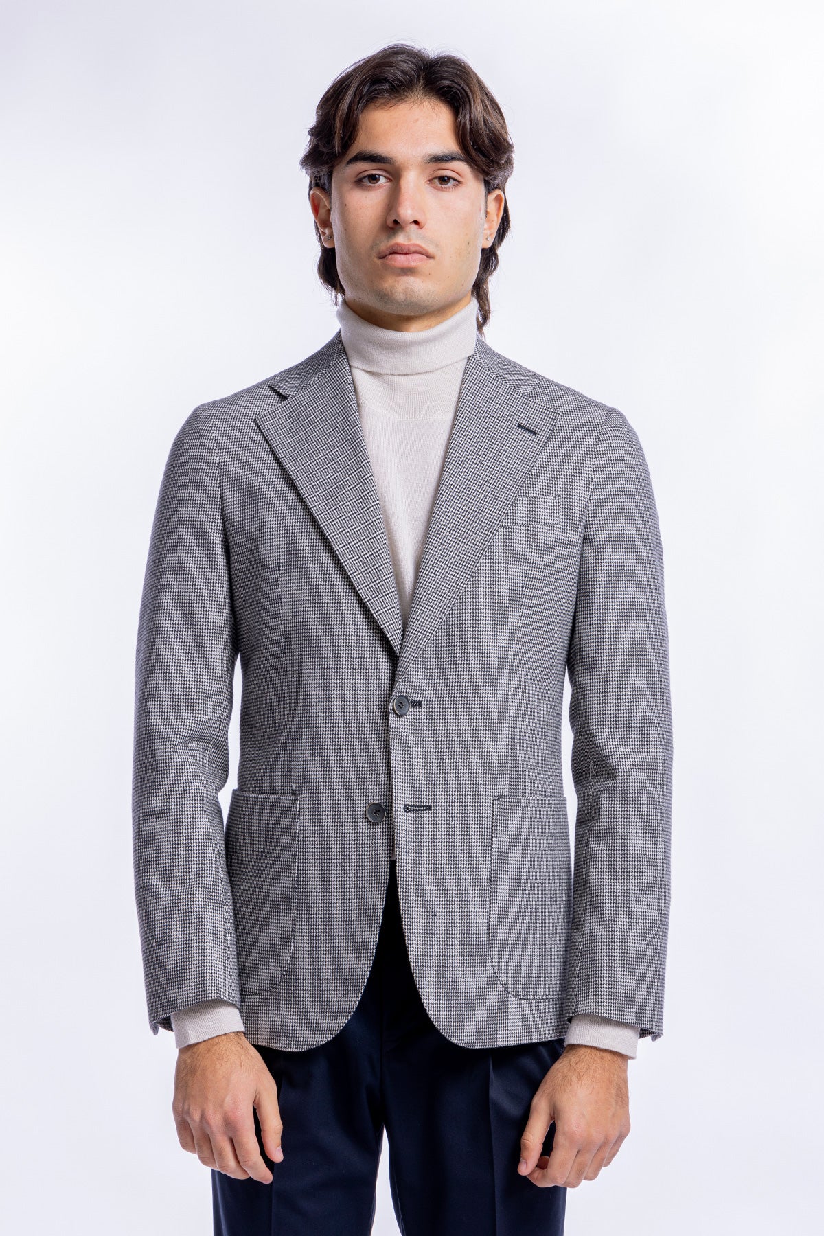 Giacca uomo fantasia pied de poule nero monopetto in lana sartoriale slim fit rever largo