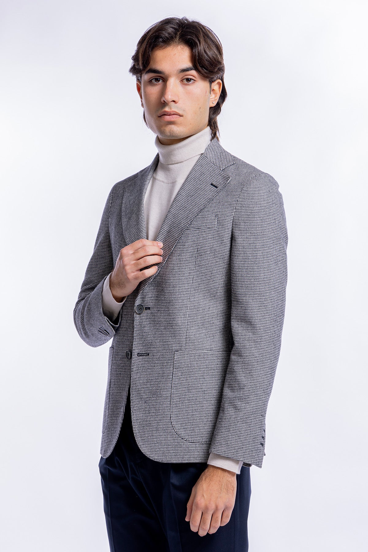 Giacca uomo fantasia pied de poule nero monopetto in lana sartoriale slim fit rever largo