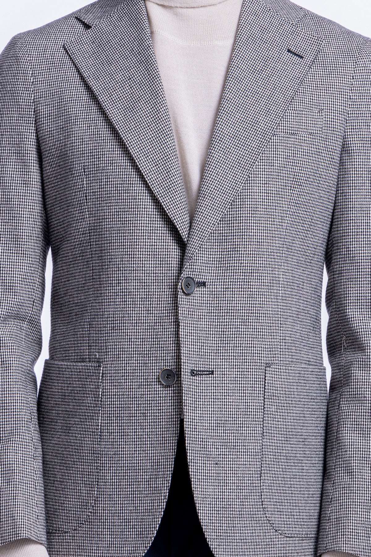 Giacca uomo fantasia pied de poule nero monopetto in lana sartoriale slim fit rever largo