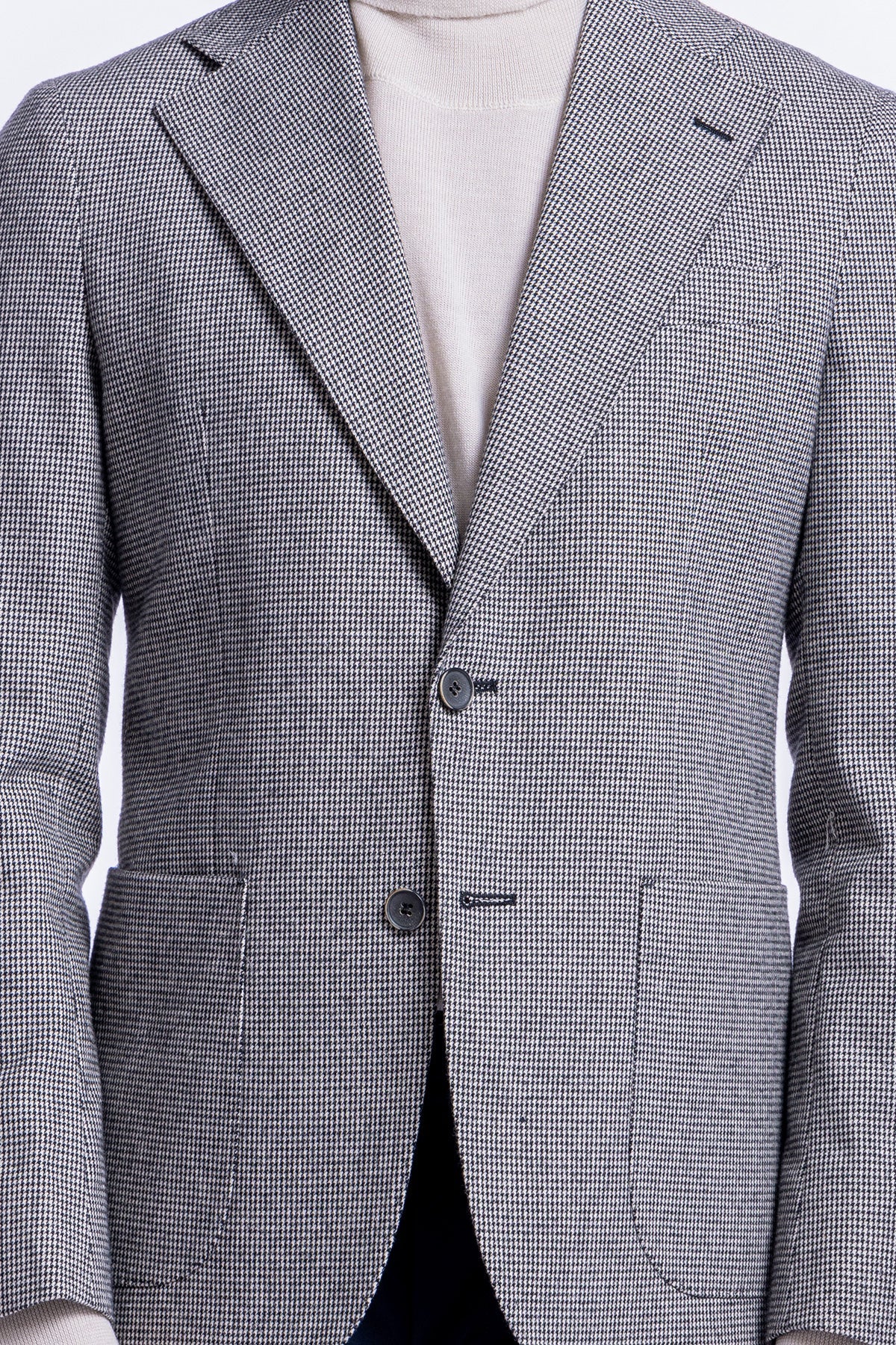 Giacca uomo fantasia pied de poule nero monopetto in lana sartoriale slim fit rever largo