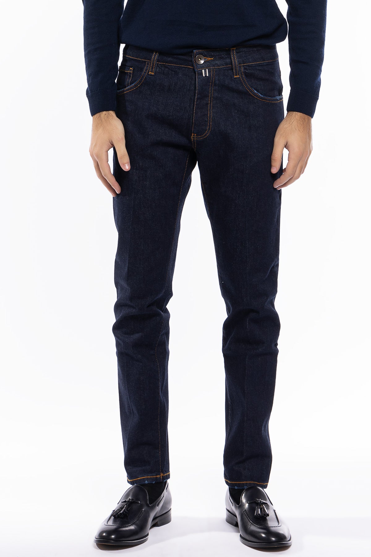 Jeans uomo slim lavaggio zero modello 5 tasche cuciture in contrasto made in italy