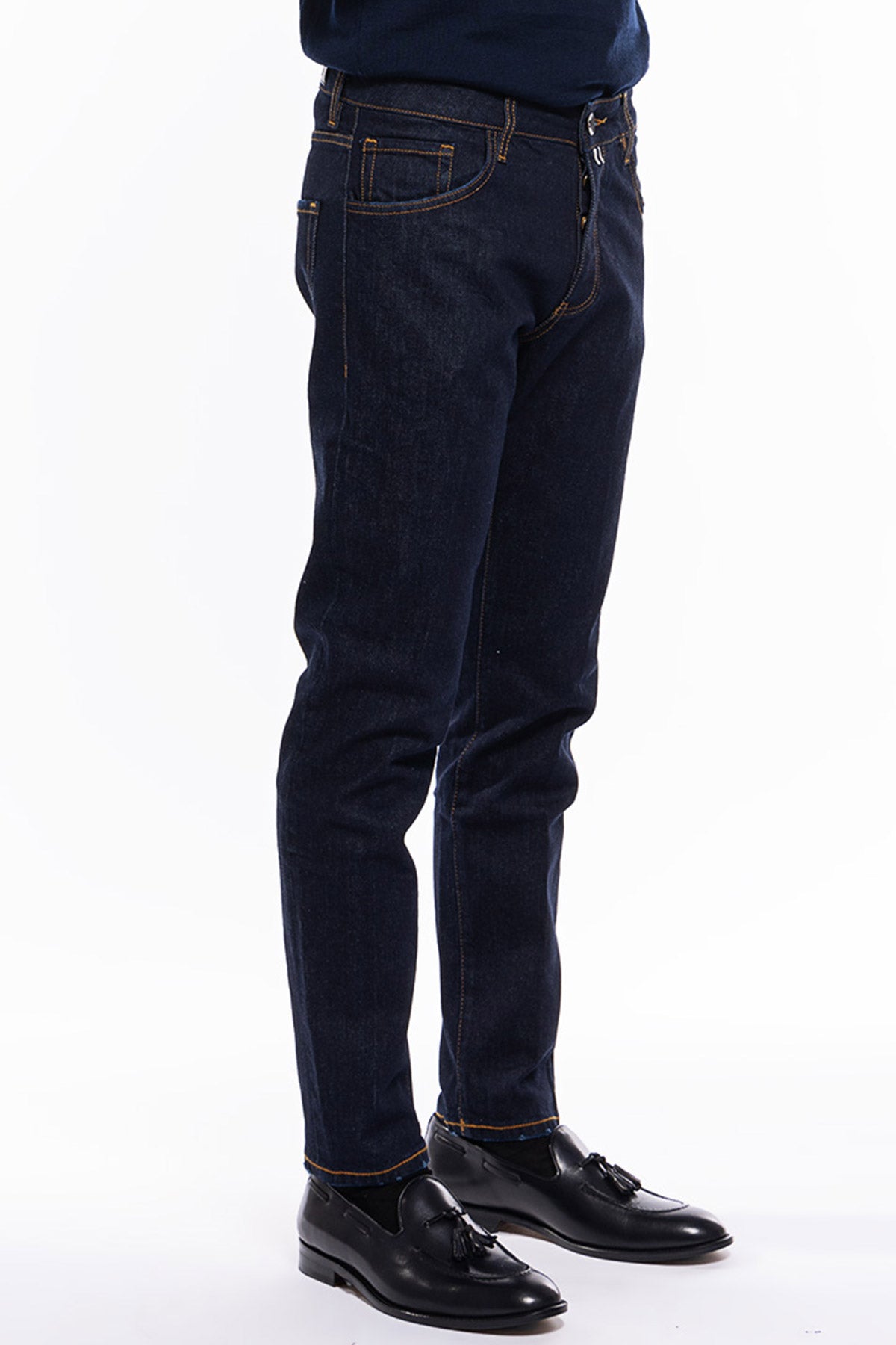 Jeans uomo slim lavaggio zero modello 5 tasche cuciture in contrasto made in italy