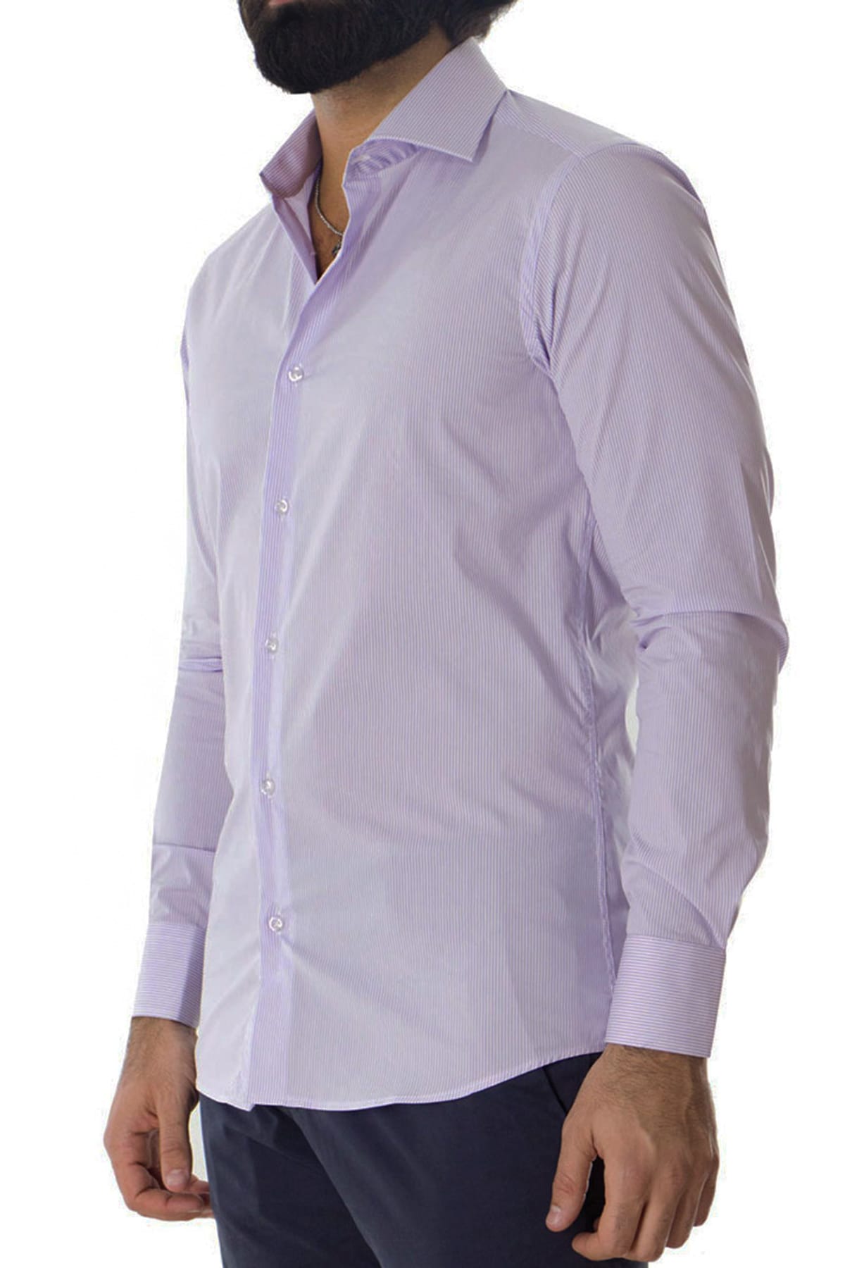 Camicia Uomo millerighe Slim fit in cotone Elasticizzata Collo semi francese Casual e Elegante
