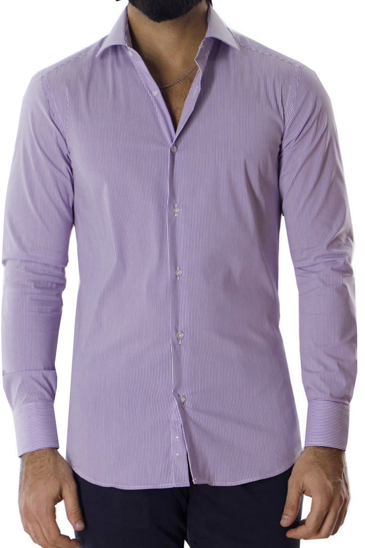 Camicia Uomo millerighe Slim fit in cotone Elasticizzata Collo semi francese Casual e Elegante