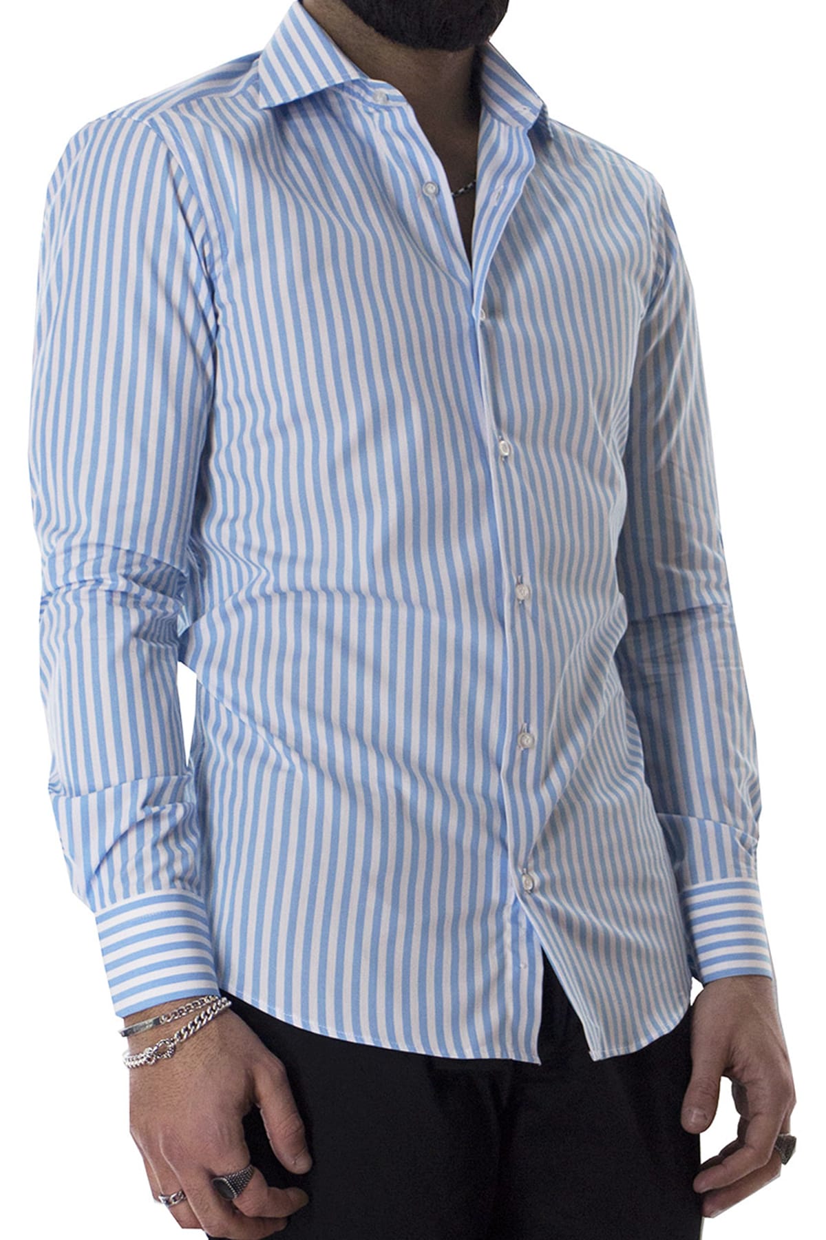 Camicia Uomo righe Larghe Slim fit  Collo semi francese 100% cotone made in italy