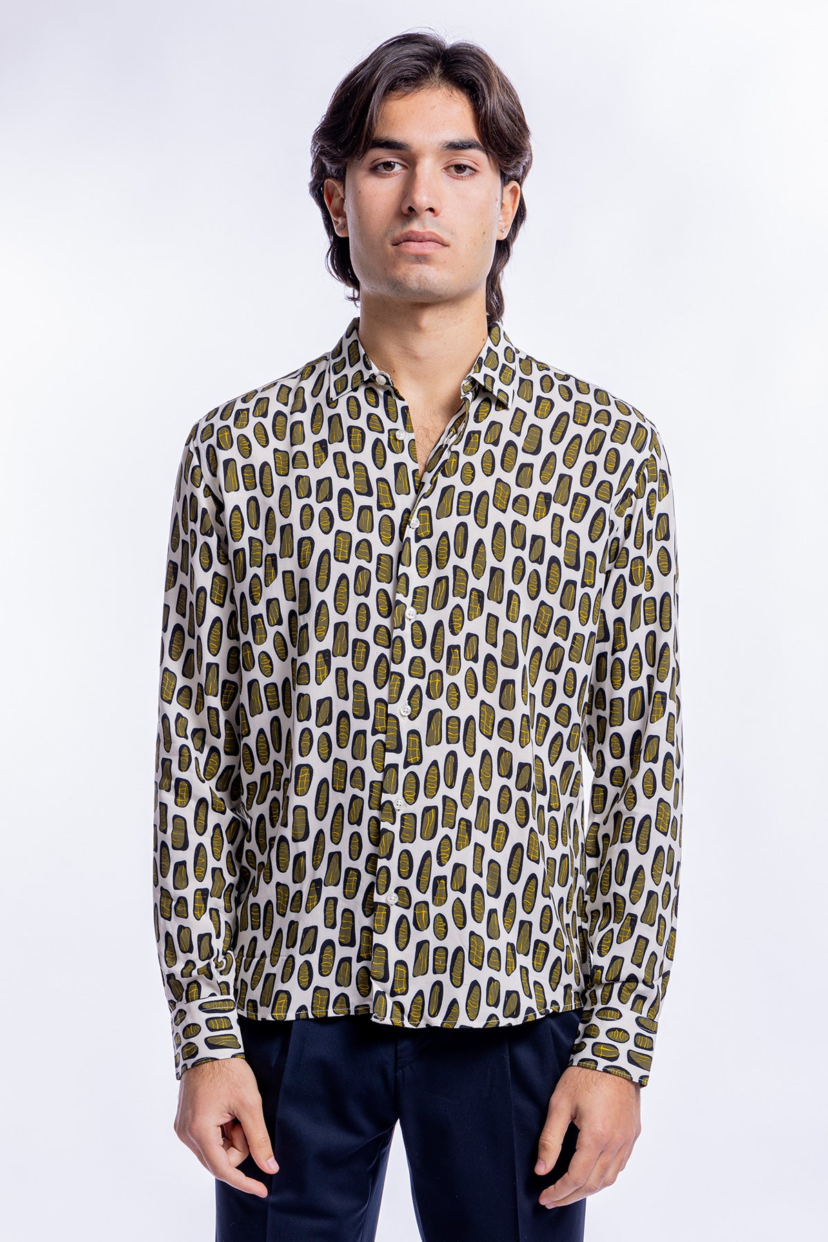 Camicia Uomo In Viscosa fantasia Macchie Verdi vestibilita comoda Collo Italiano