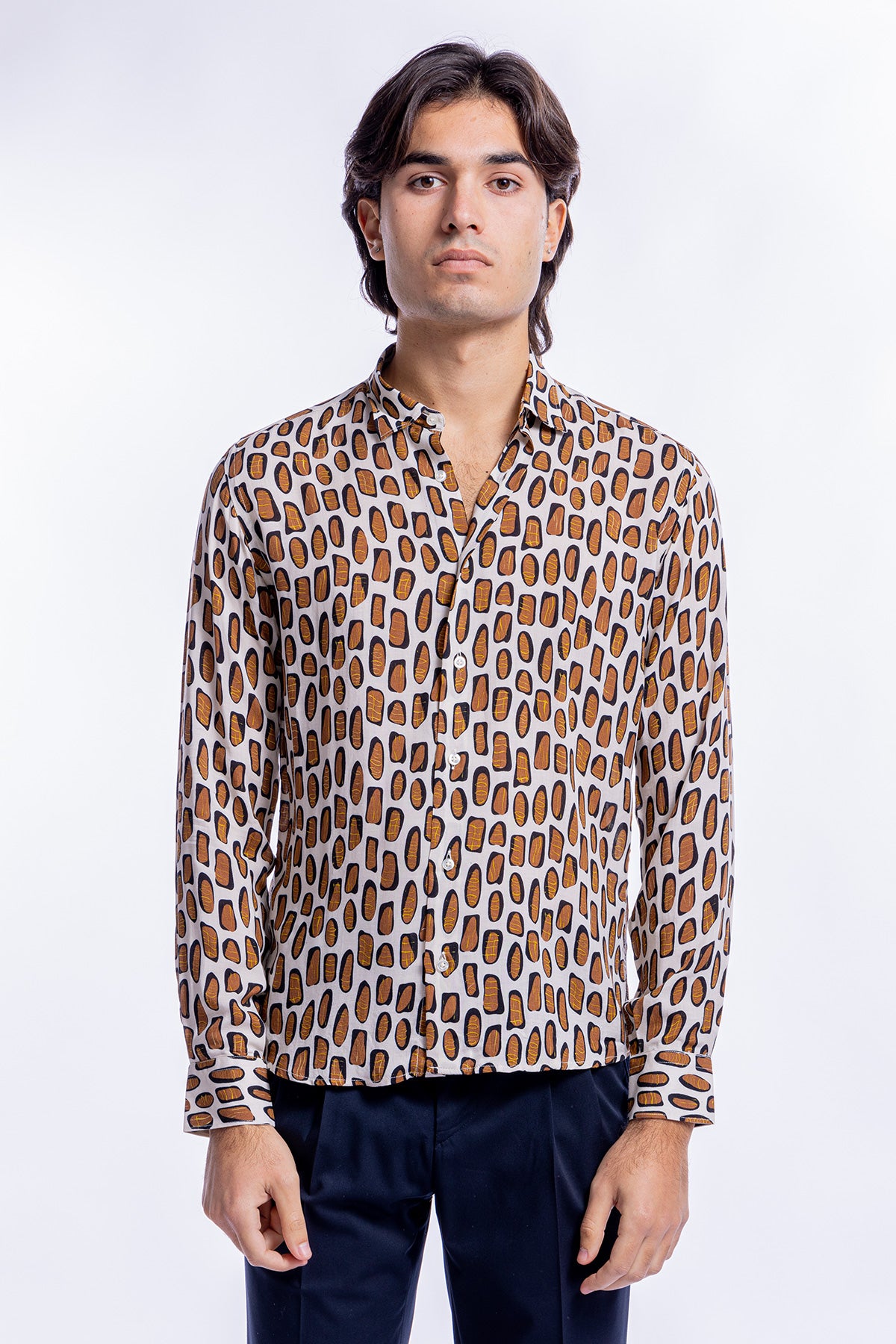 Camicia Uomo In Viscosa fantasia Macchie Marroni vestibilita comoda Collo Italiano