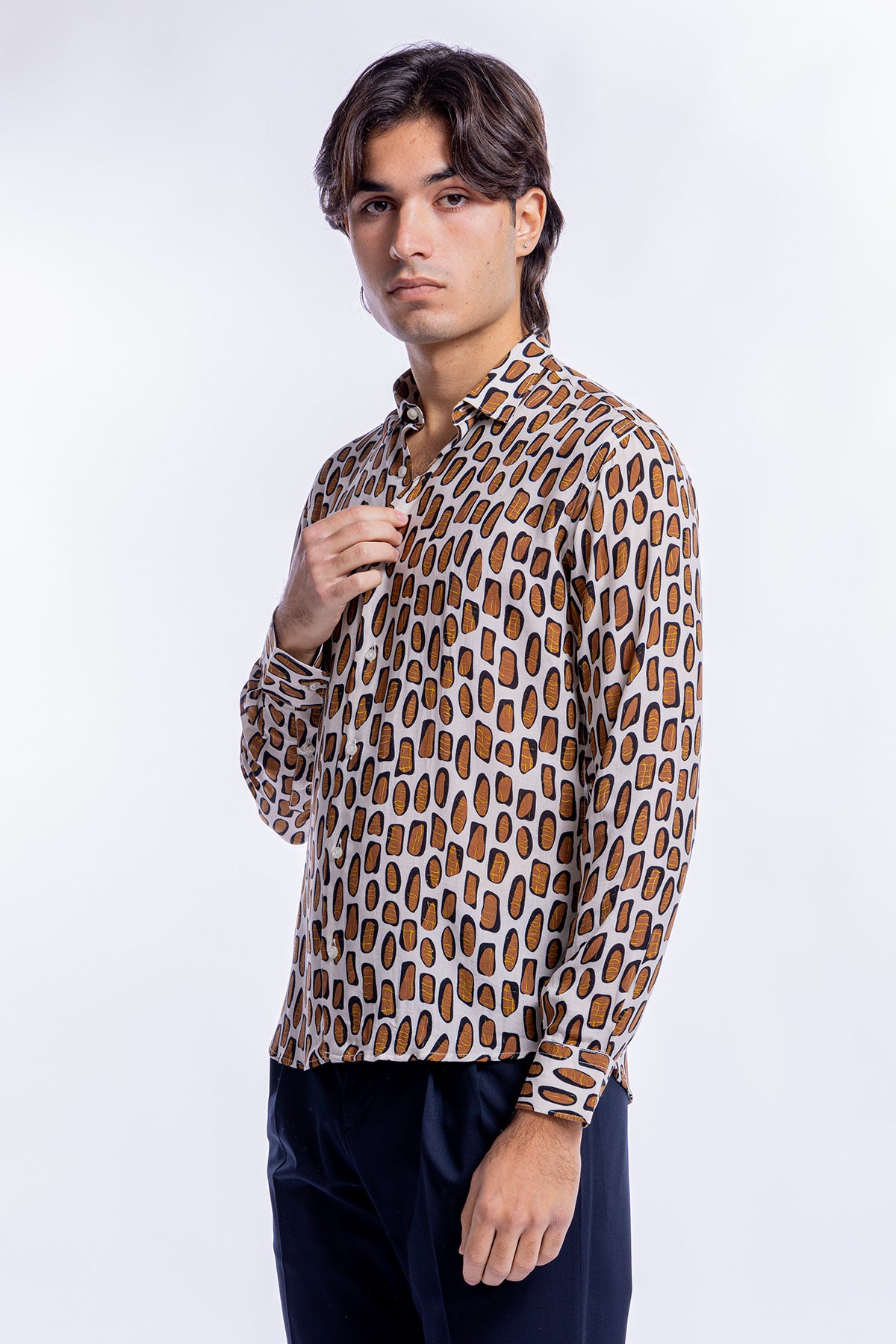 Camicia Uomo In Viscosa fantasia Macchie Marroni vestibilita comoda Collo Italiano