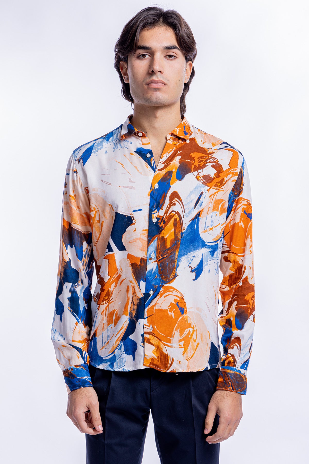 Camicia Uomo In Viscosa fantasia Pittura Arancio vestibilita comoda Collo Italiano