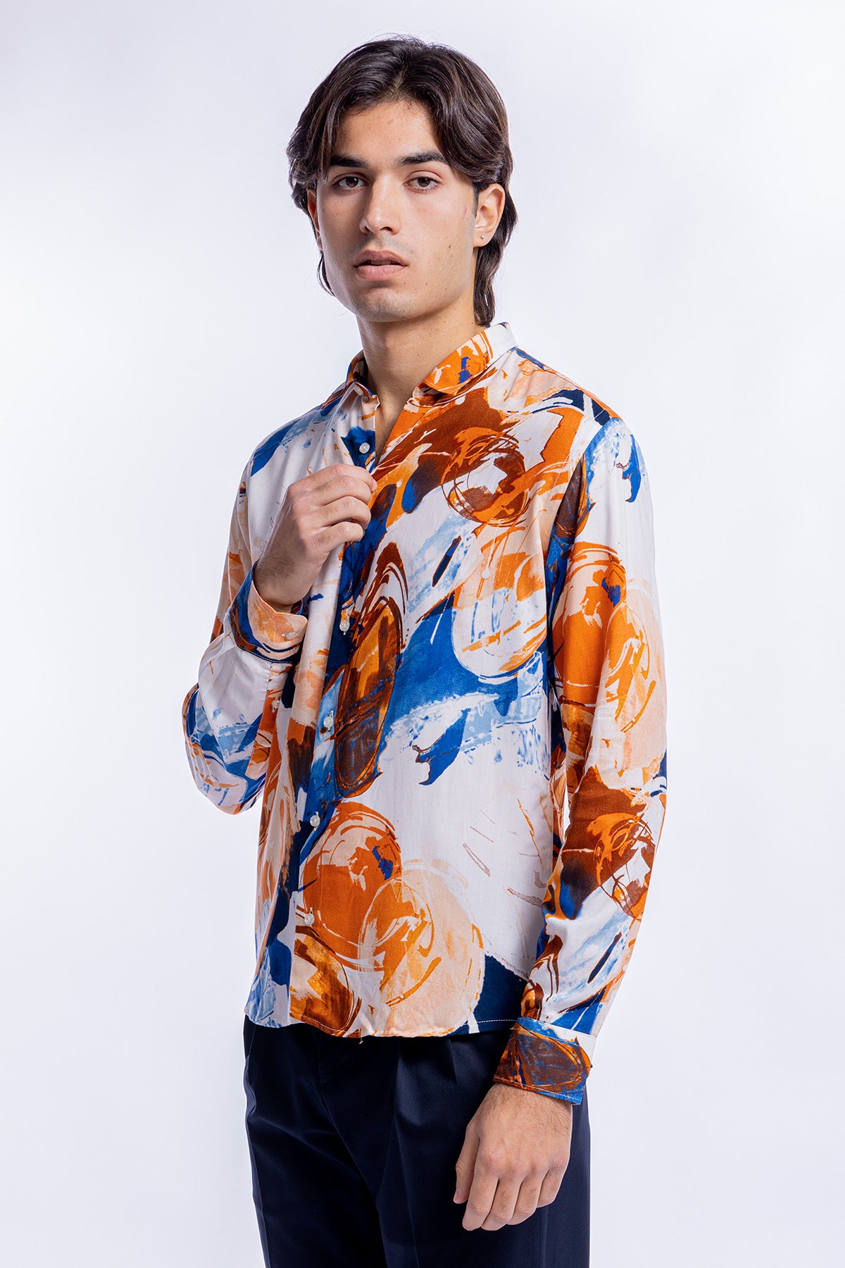 Camicia Uomo In Viscosa fantasia Pittura Arancio vestibilita comoda Collo Italiano