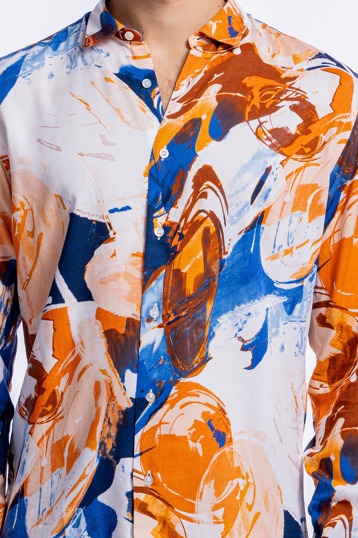 Camicia Uomo In Viscosa fantasia Pittura Arancio vestibilita comoda Collo Italiano