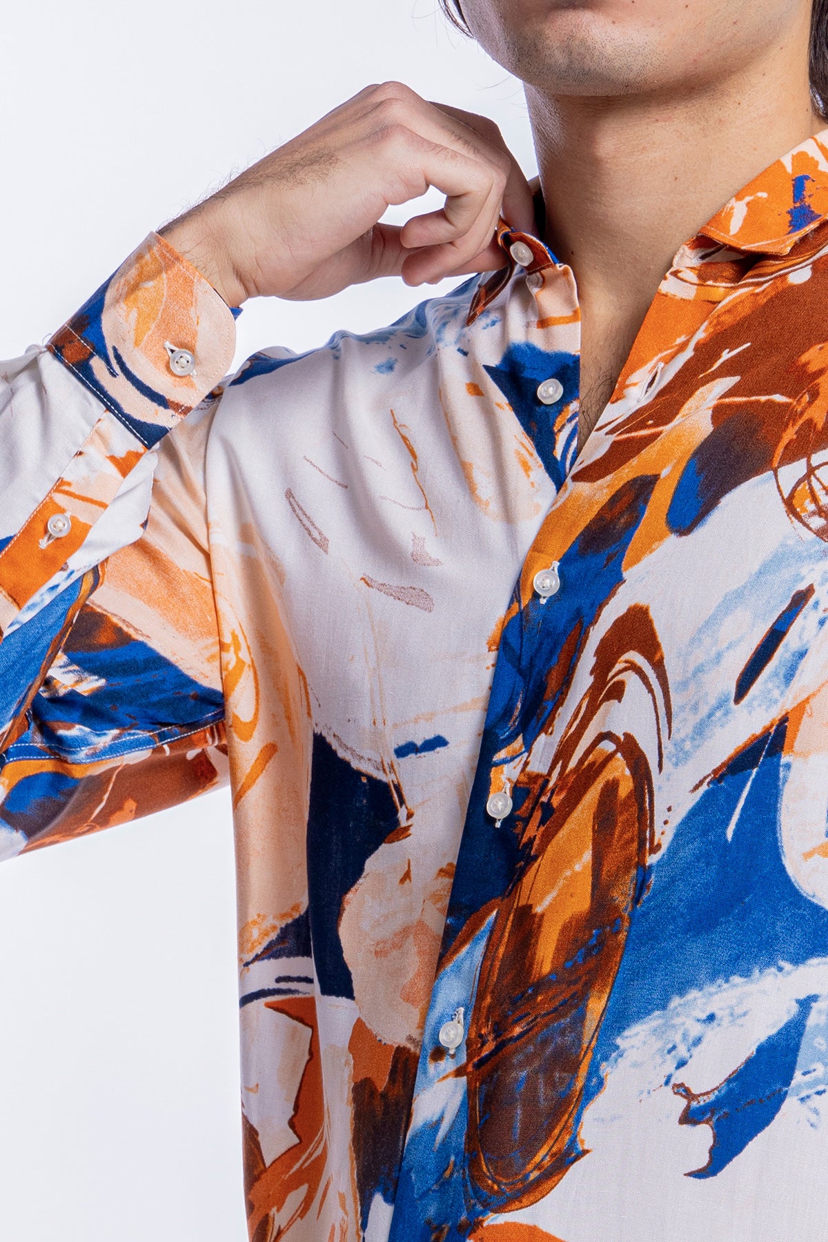 Camicia Uomo In Viscosa fantasia Pittura Arancio vestibilita comoda Collo Italiano