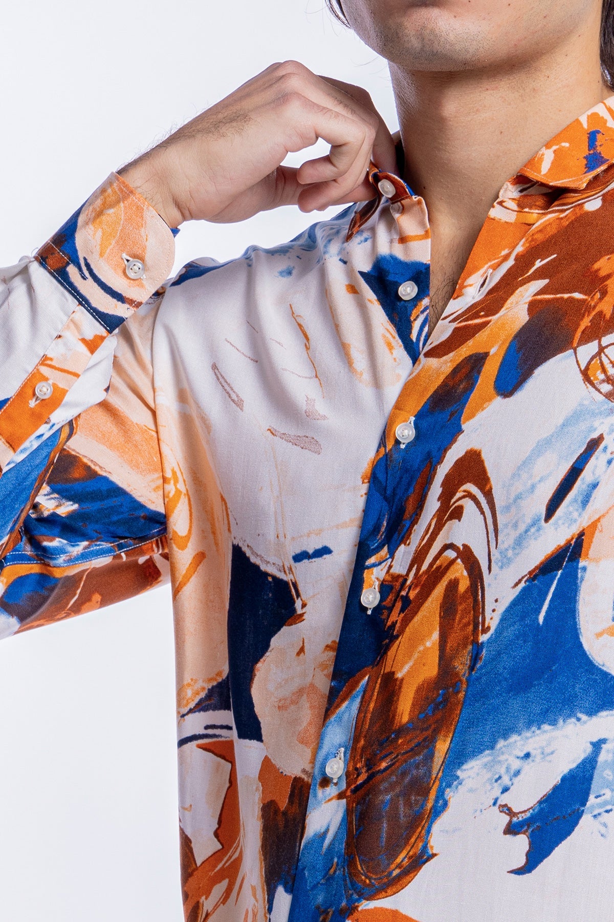 Camicia Uomo In Viscosa fantasia Pittura Arancio vestibilita comoda Collo Italiano