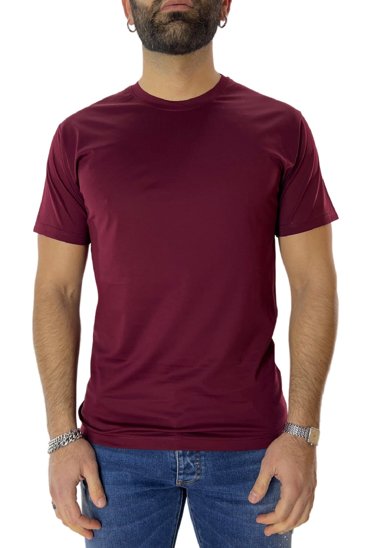 T-shirt da uomo bordeaux in cotone 100% Filo di scozia slim fit tinta unita Made In Italy