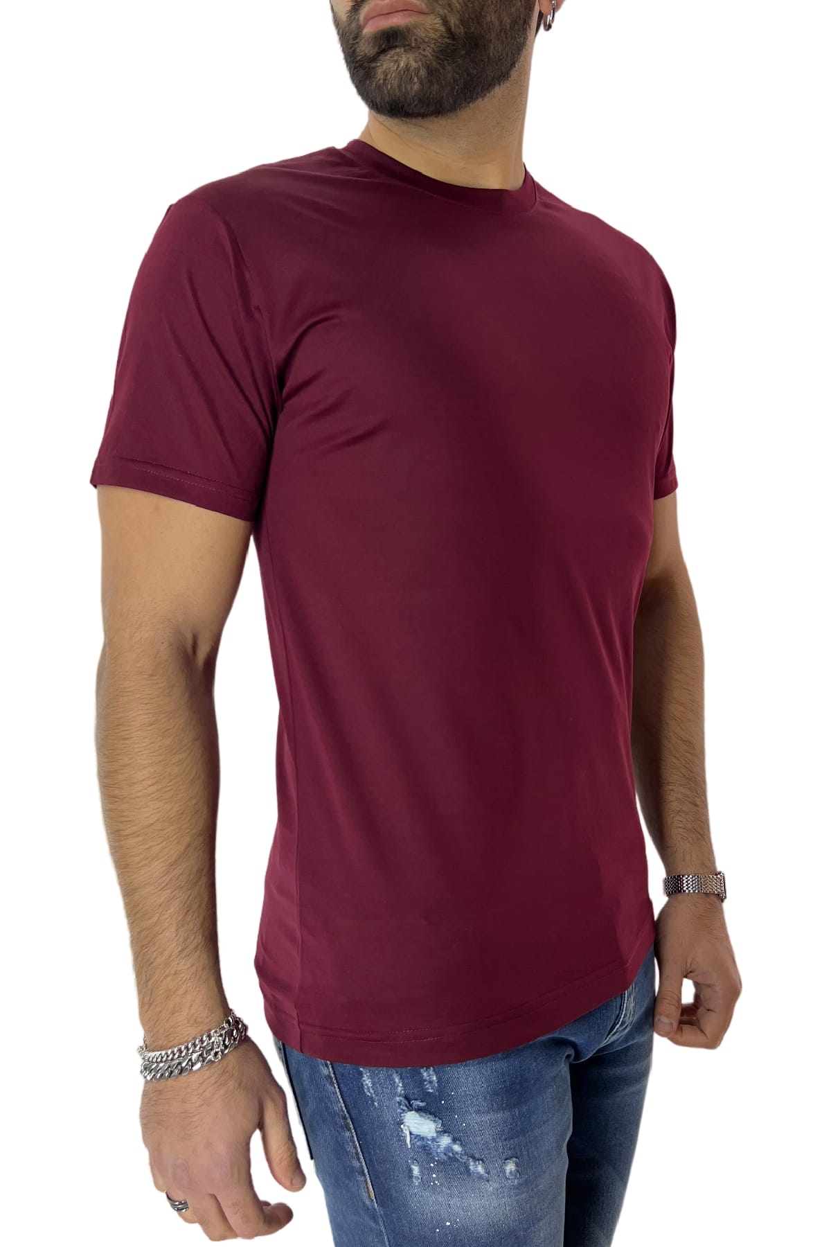T-shirt da uomo bordeaux in cotone 100% Filo di scozia slim fit tinta unita Made In Italy