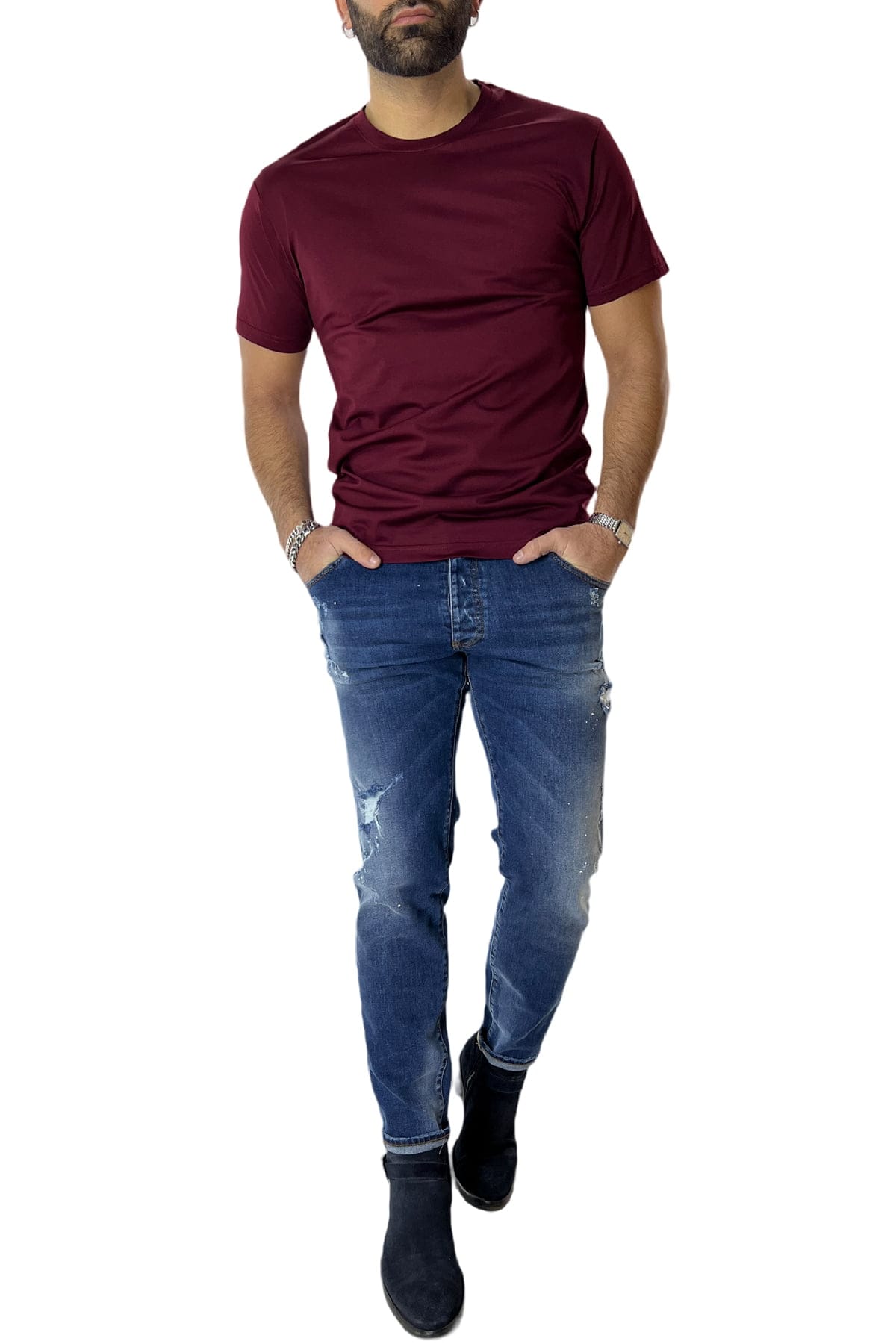 T-shirt da uomo bordeaux in cotone 100% Filo di scozia slim fit tinta unita Made In Italy