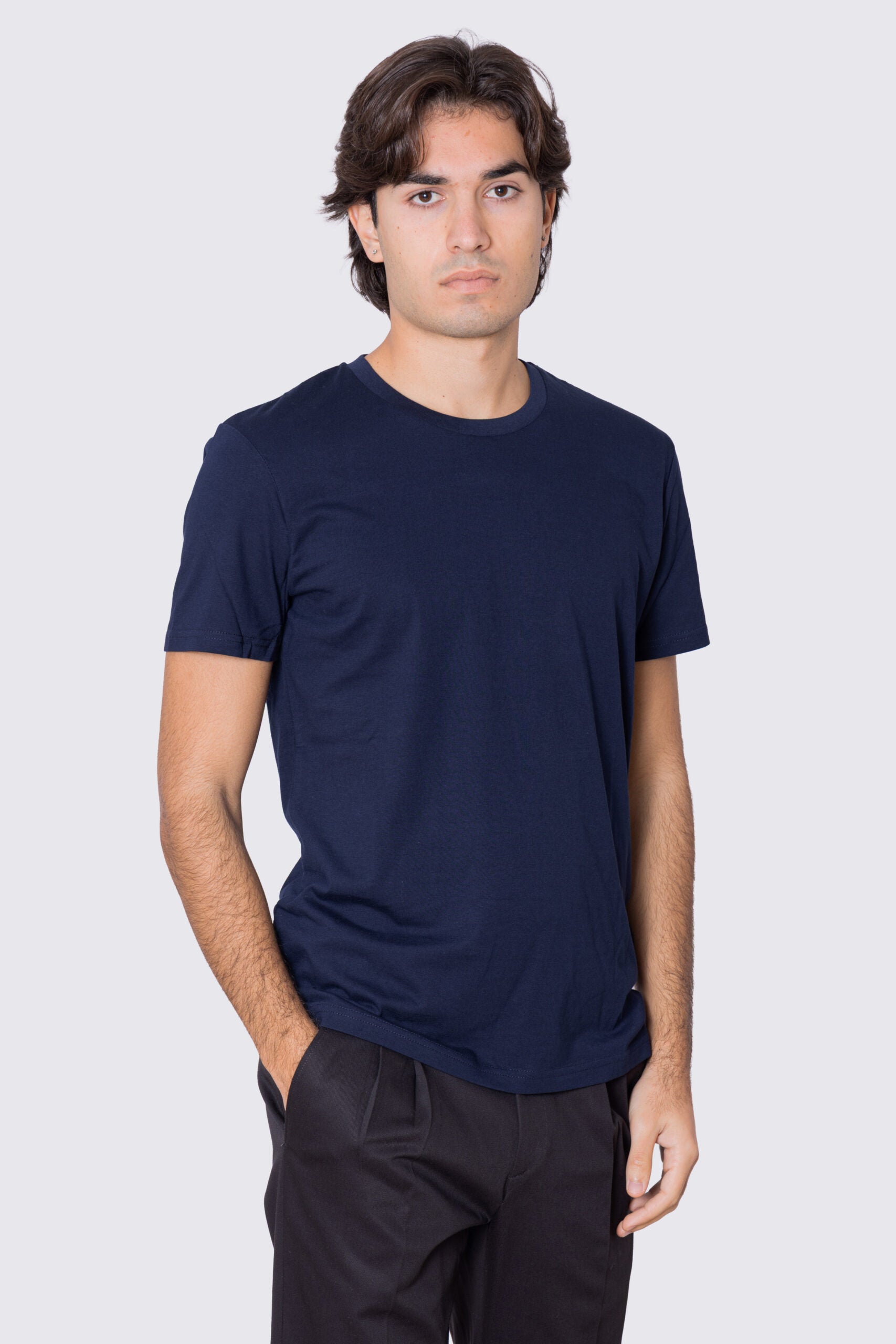 T-shirt da uomo Blu in cotone 100%  Filo di scozia slim fit tinta unita Made In Italy