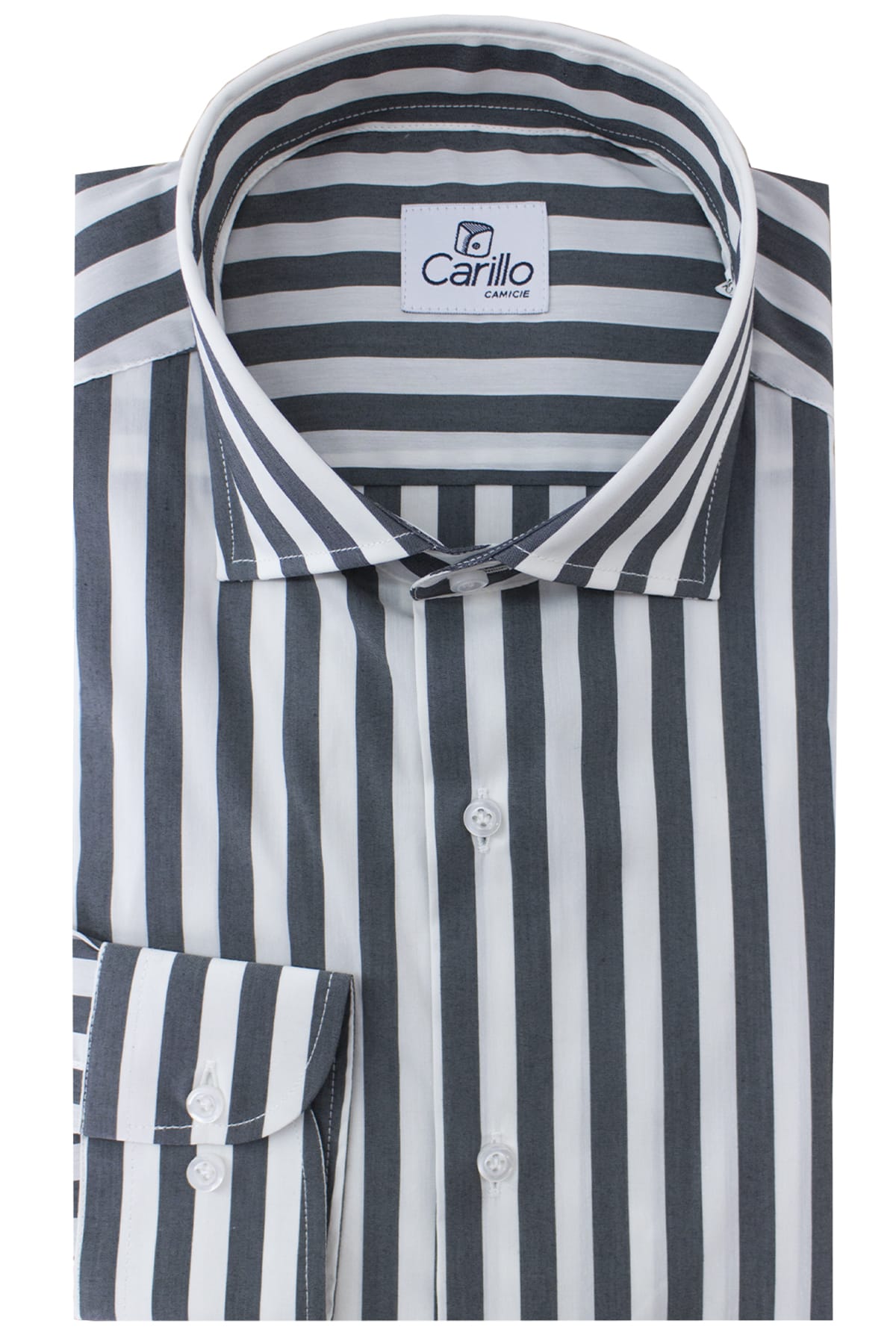 Camicia Uomo Righe Larghe Grigio Scuro Slim fit Elasticizzata Collo semi francese Made In Italy