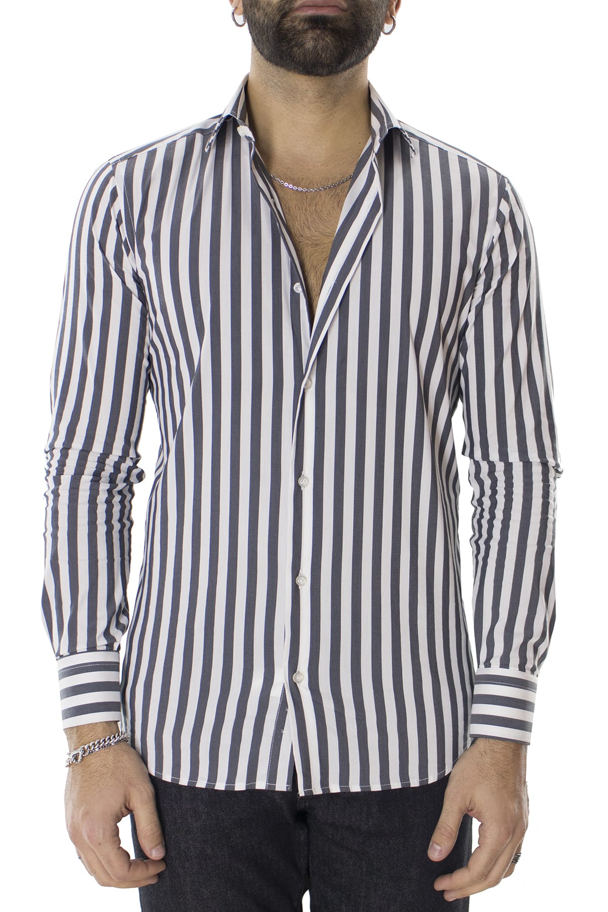 Camicia Uomo Righe Larghe Grigio Scuro Slim fit Elasticizzata Collo semi francese Made In Italy