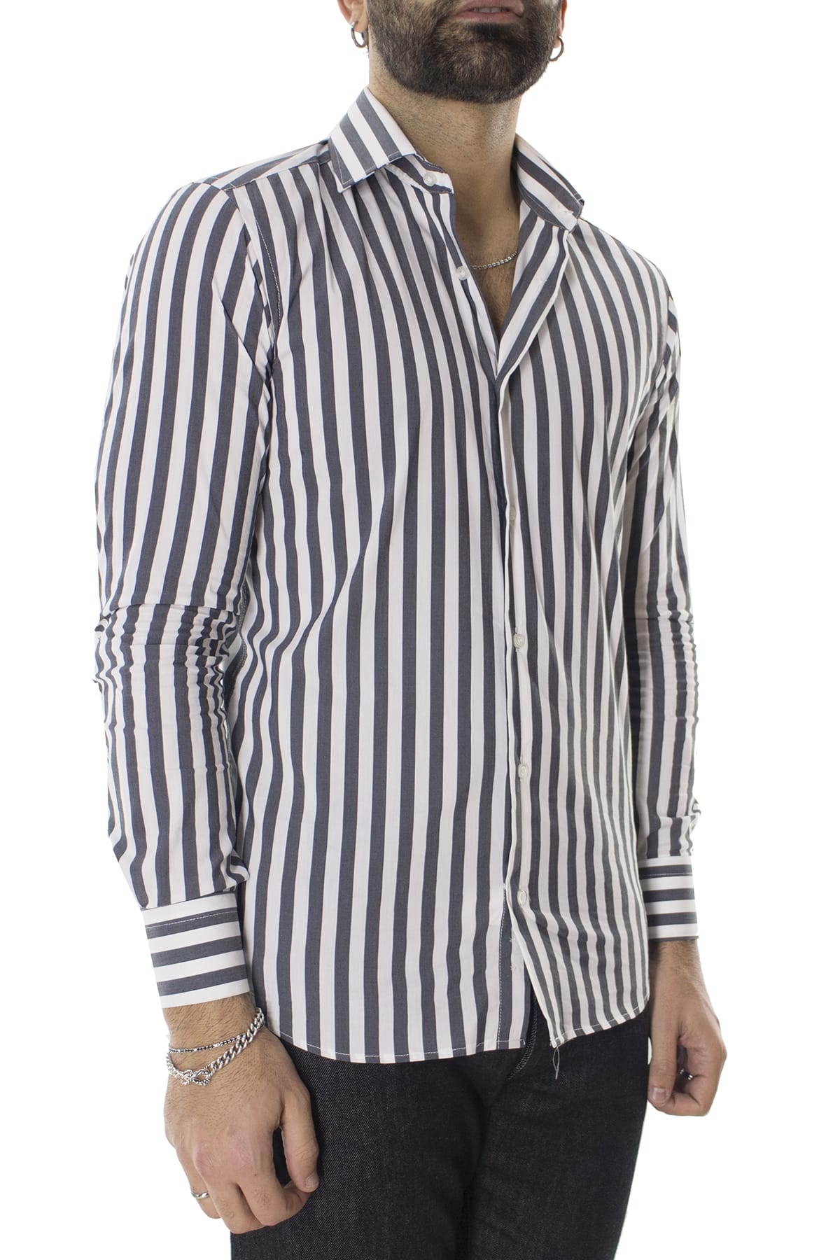 Camicia Uomo Righe Larghe Grigio Scuro Slim fit Elasticizzata Collo semi francese Made In Italy