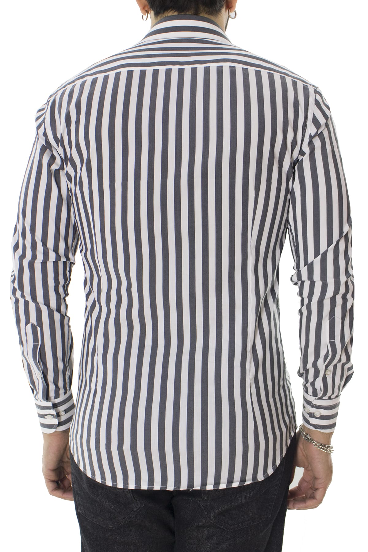 Camicia Uomo Righe Larghe Grigio Scuro Slim fit Elasticizzata Collo semi francese Made In Italy