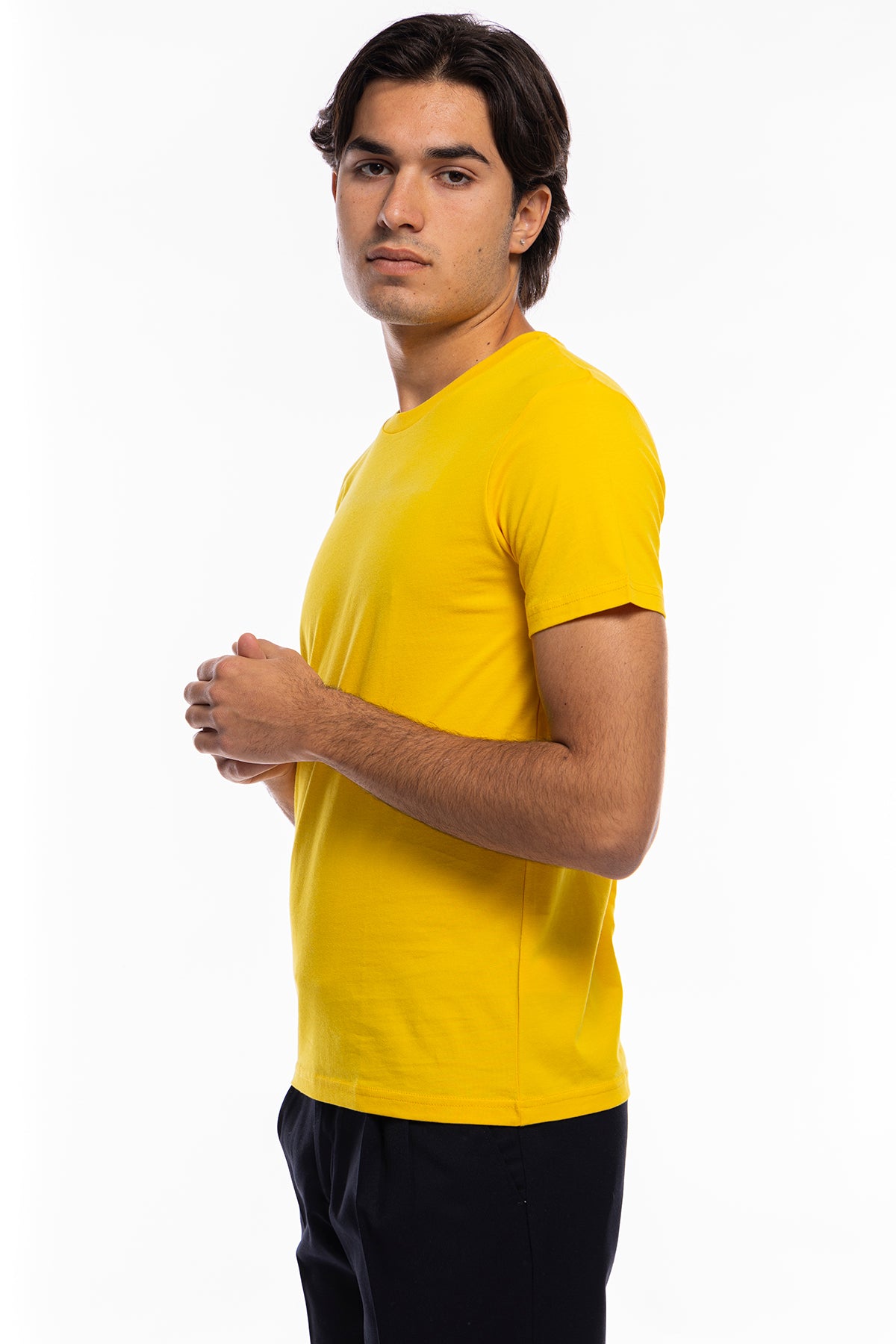 T-shirt da uomo gialla in cotone organico tinta unita regular fit elasticizzata girocollo