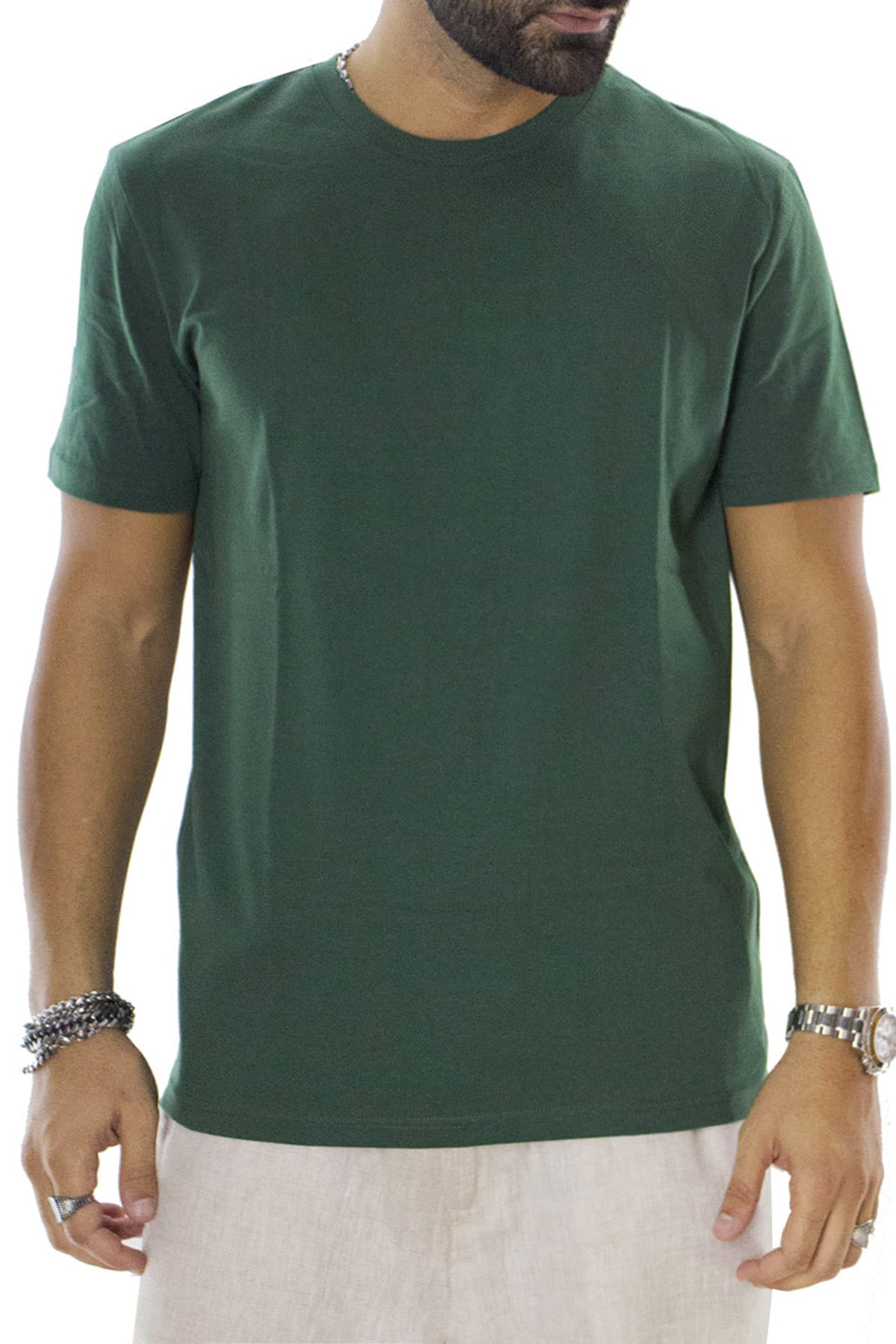 T-shirt da uomo Verde Foresta in cotone organico tinta unita regular fit elasticizzata girocollo