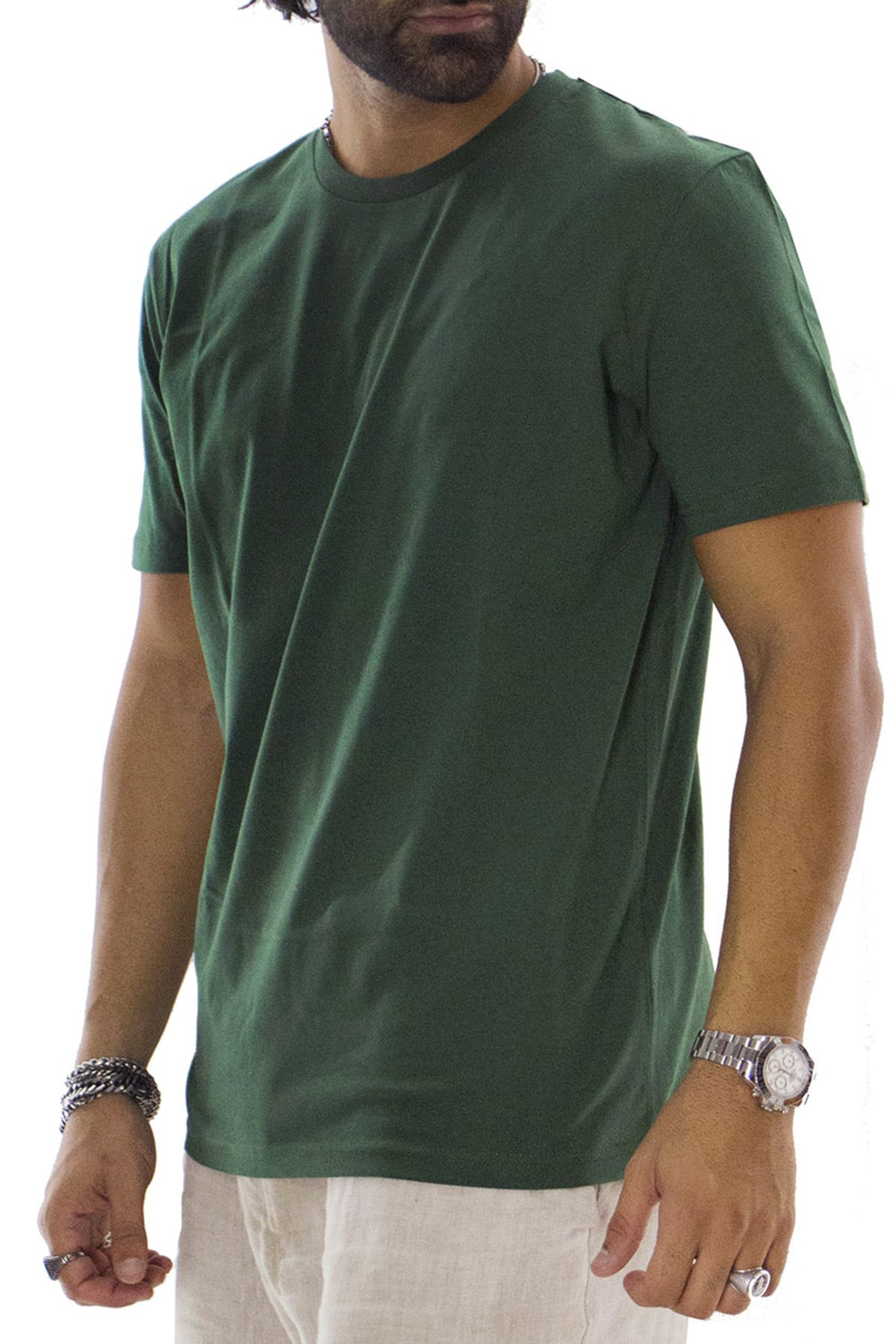 T-shirt da uomo Verde Foresta in cotone organico tinta unita regular fit elasticizzata girocollo