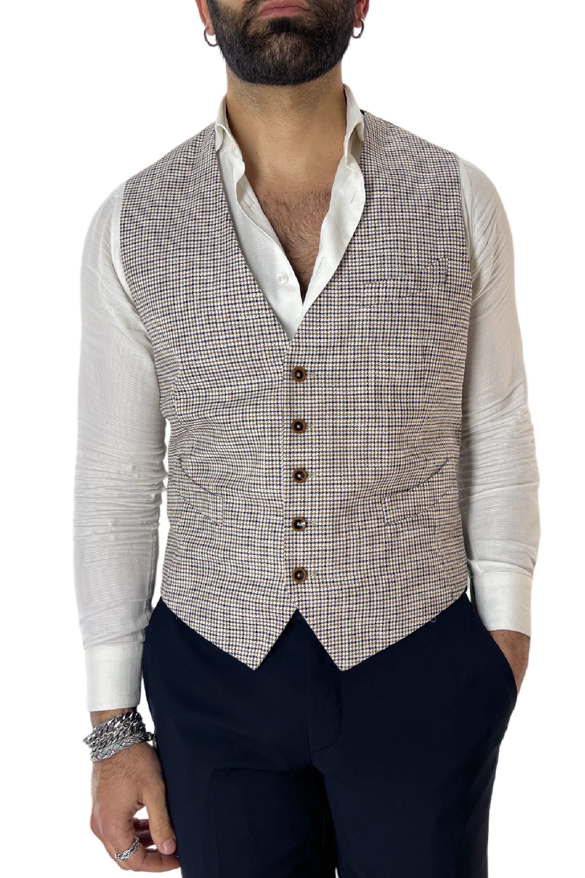 Gilet uomo bianco pied de poule monopetto in misto lino made in italy