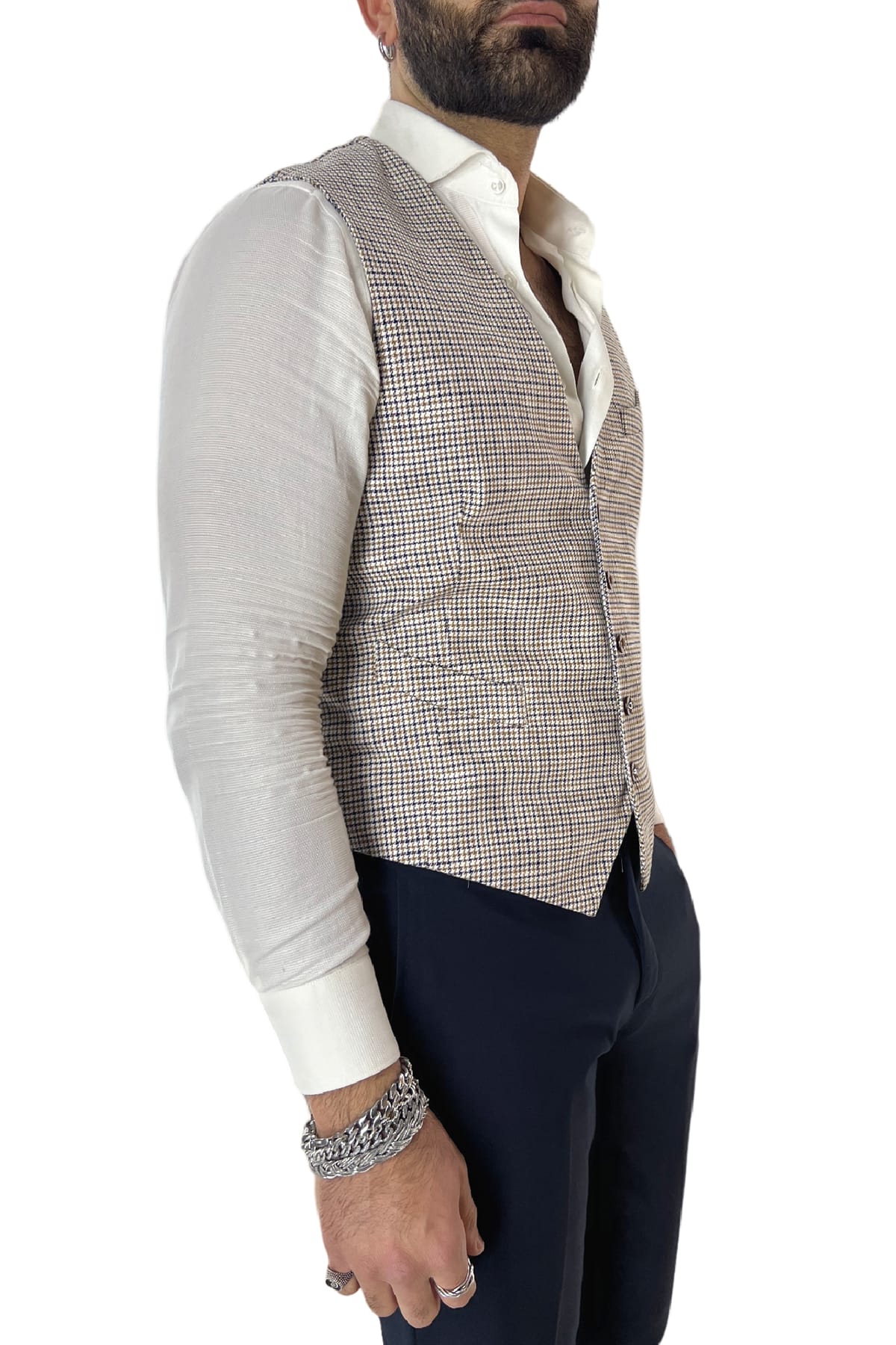 Gilet uomo bianco pied de poule monopetto in misto lino made in italy