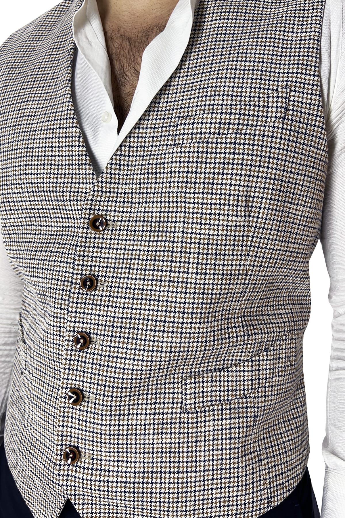 Gilet uomo bianco pied de poule monopetto in misto lino made in italy