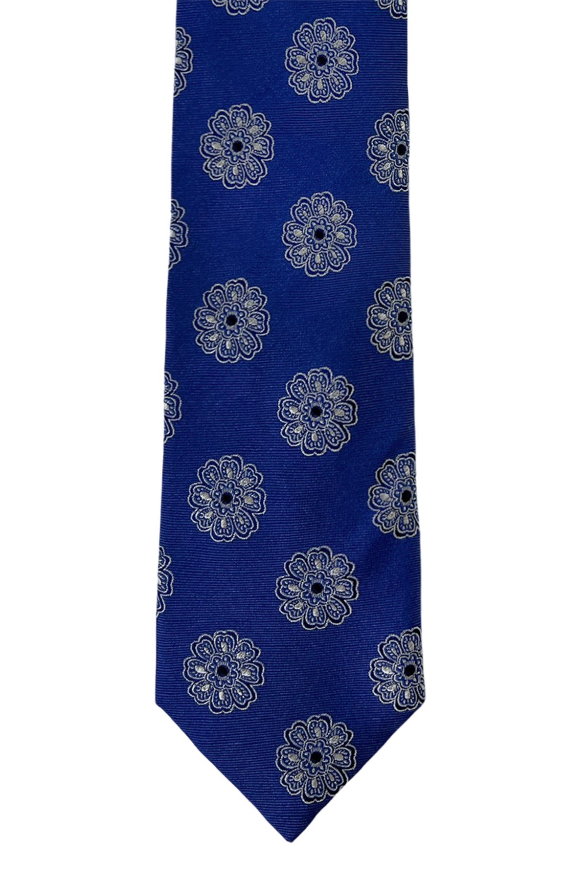 Cravatta uomo cobalto in seta fantasia fiori bianchi 8cm da cerimonia elegante