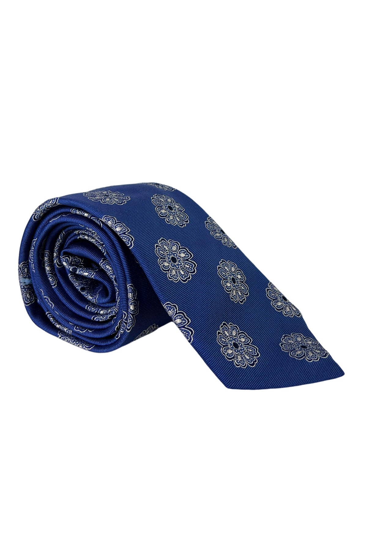 Cravatta uomo cobalto in seta fantasia fiori bianchi 8cm da cerimonia elegante