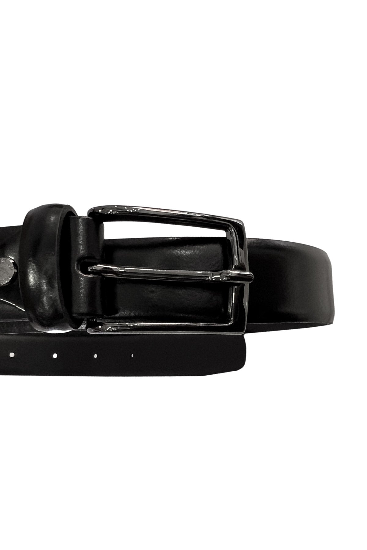 Cintura uomo nera semi lucida slim taglio laser senza cuciture con fibbia argento scuro