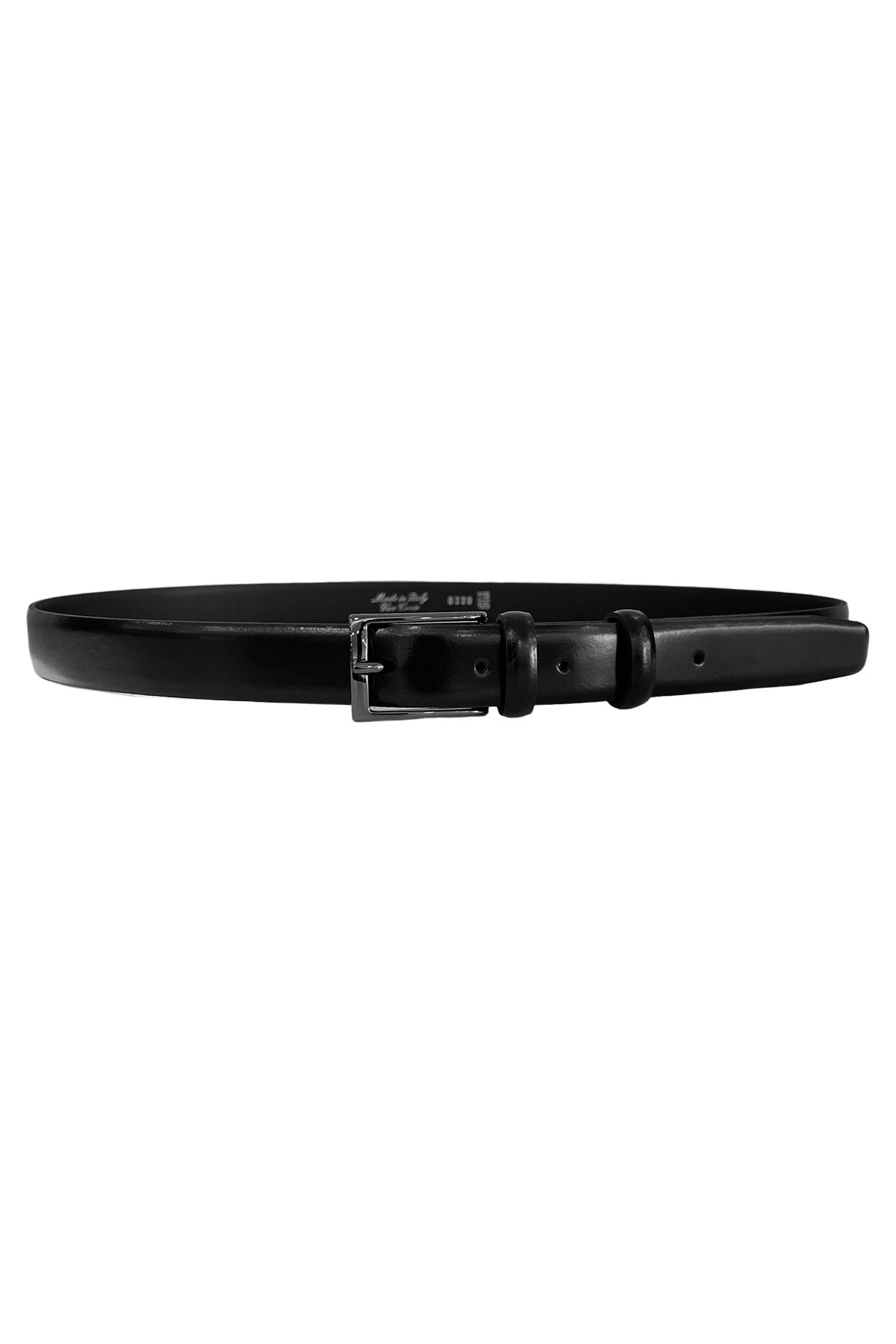 Cintura uomo nera semi lucida slim taglio laser senza cuciture con fibbia argento scuro