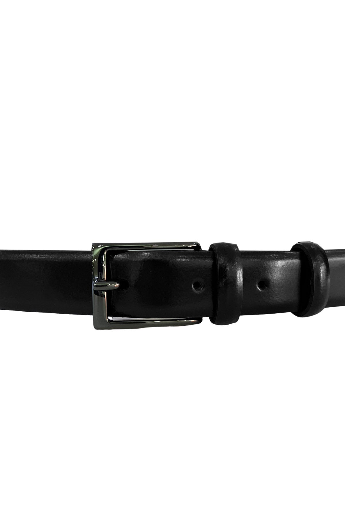 Cintura uomo nera semi lucida slim taglio laser senza cuciture con fibbia argento scuro