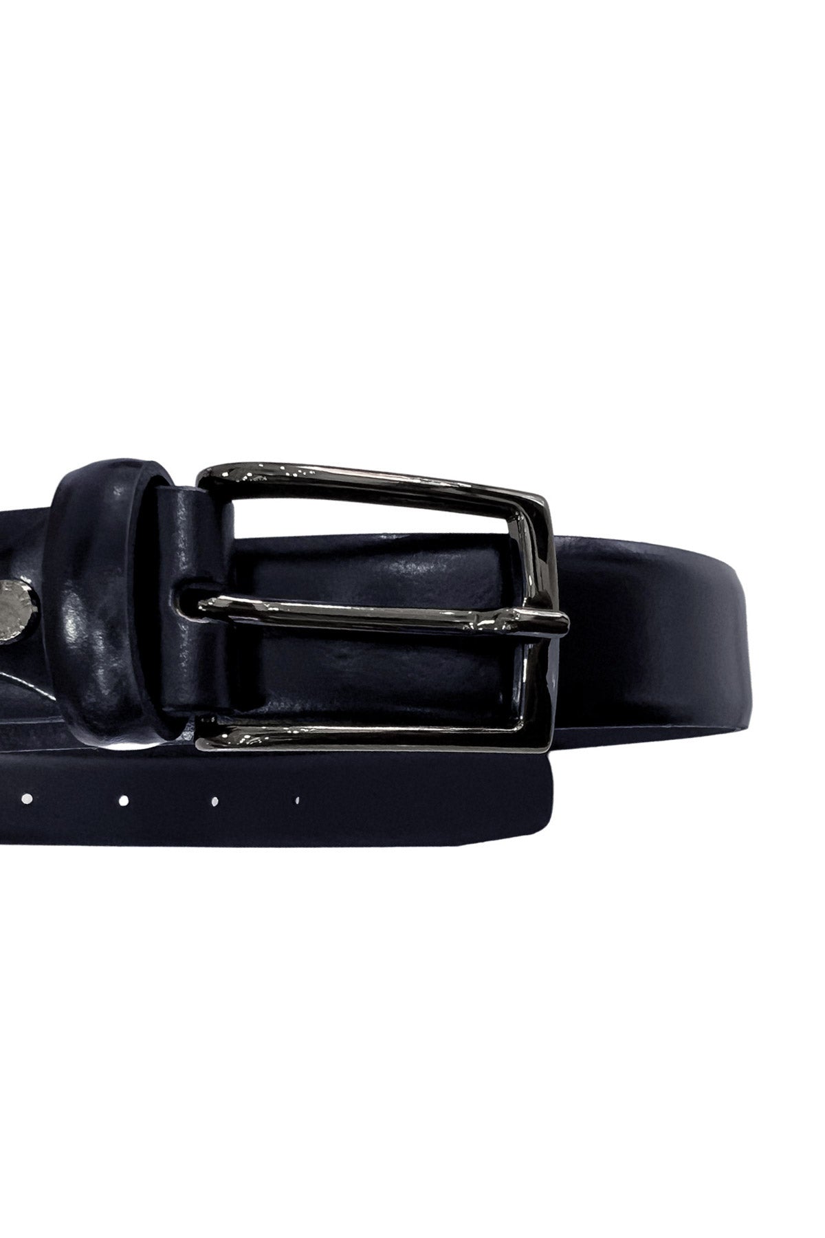 Cintura uomo blu semi lucida slim taglio laser senza cuciture con fibbia argento scuro.