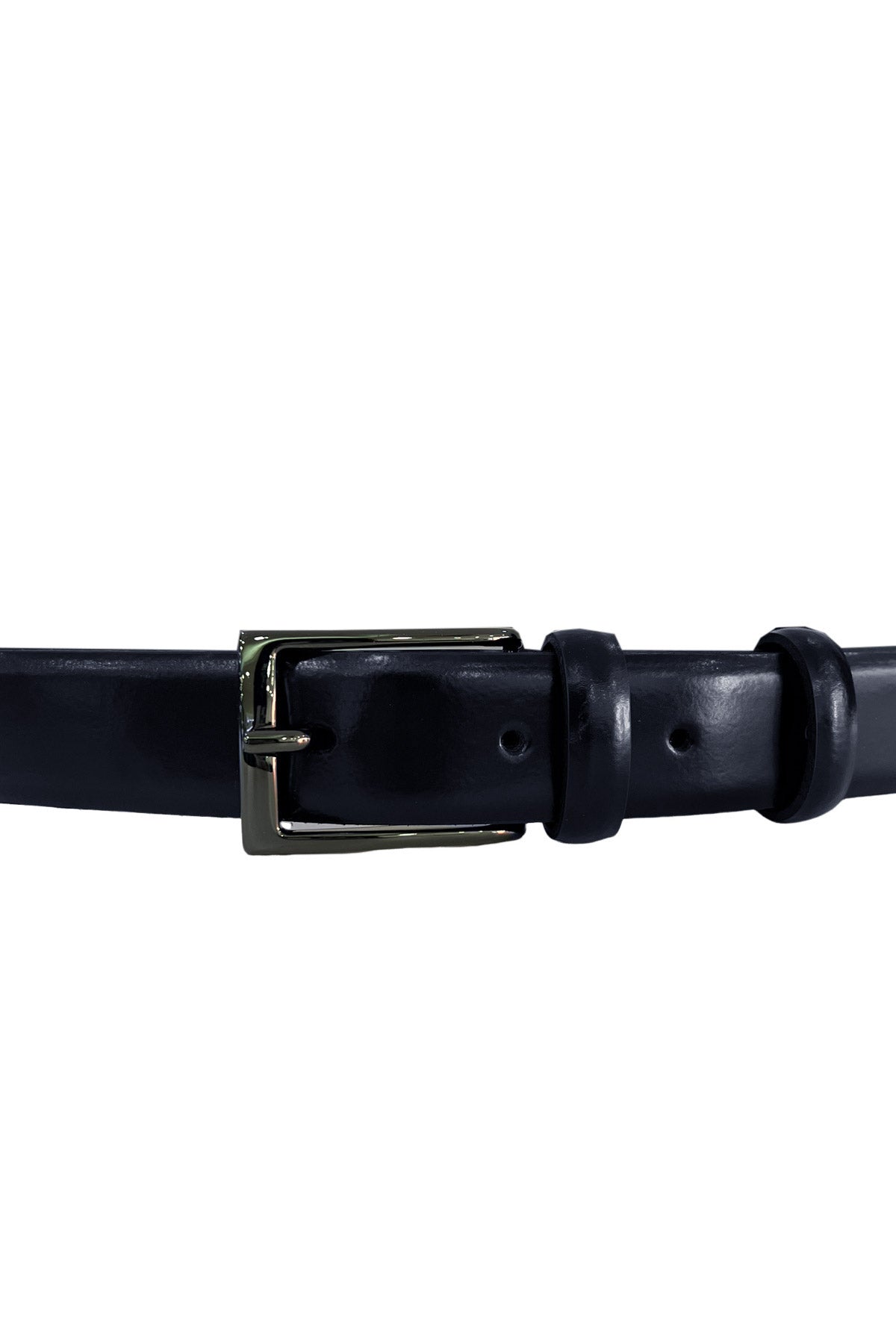 Cintura uomo blu semi lucida slim taglio laser senza cuciture con fibbia argento scuro.