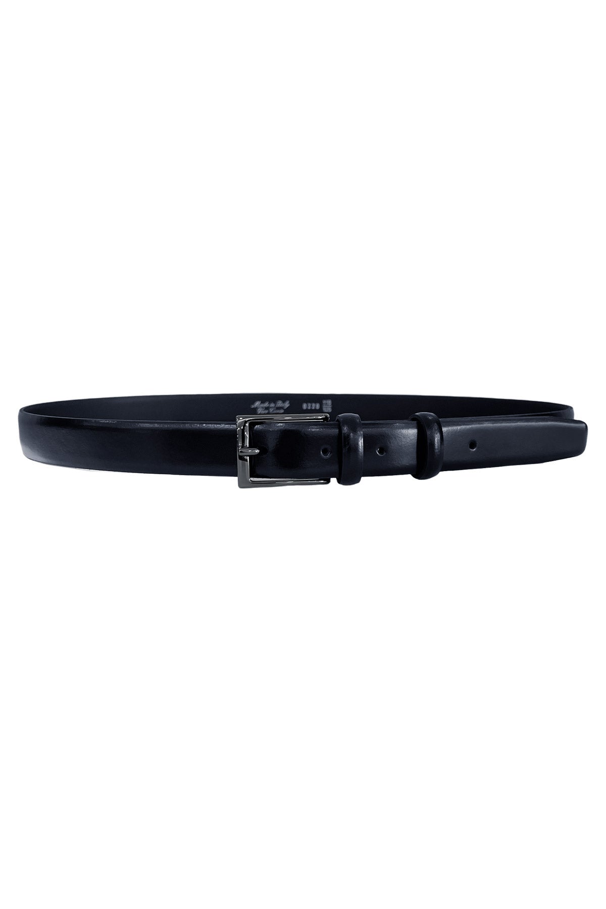 Cintura uomo blu semi lucida slim taglio laser senza cuciture con fibbia argento scuro.