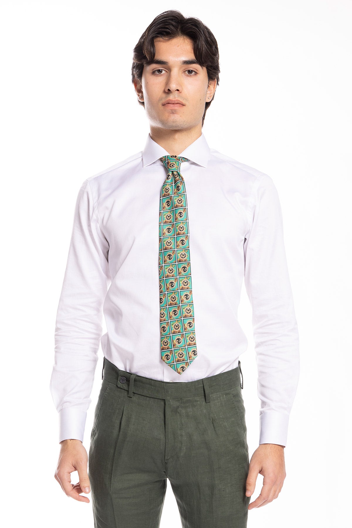Cravatta uomo verde fantasia simil versace compresa di pochette abbinata