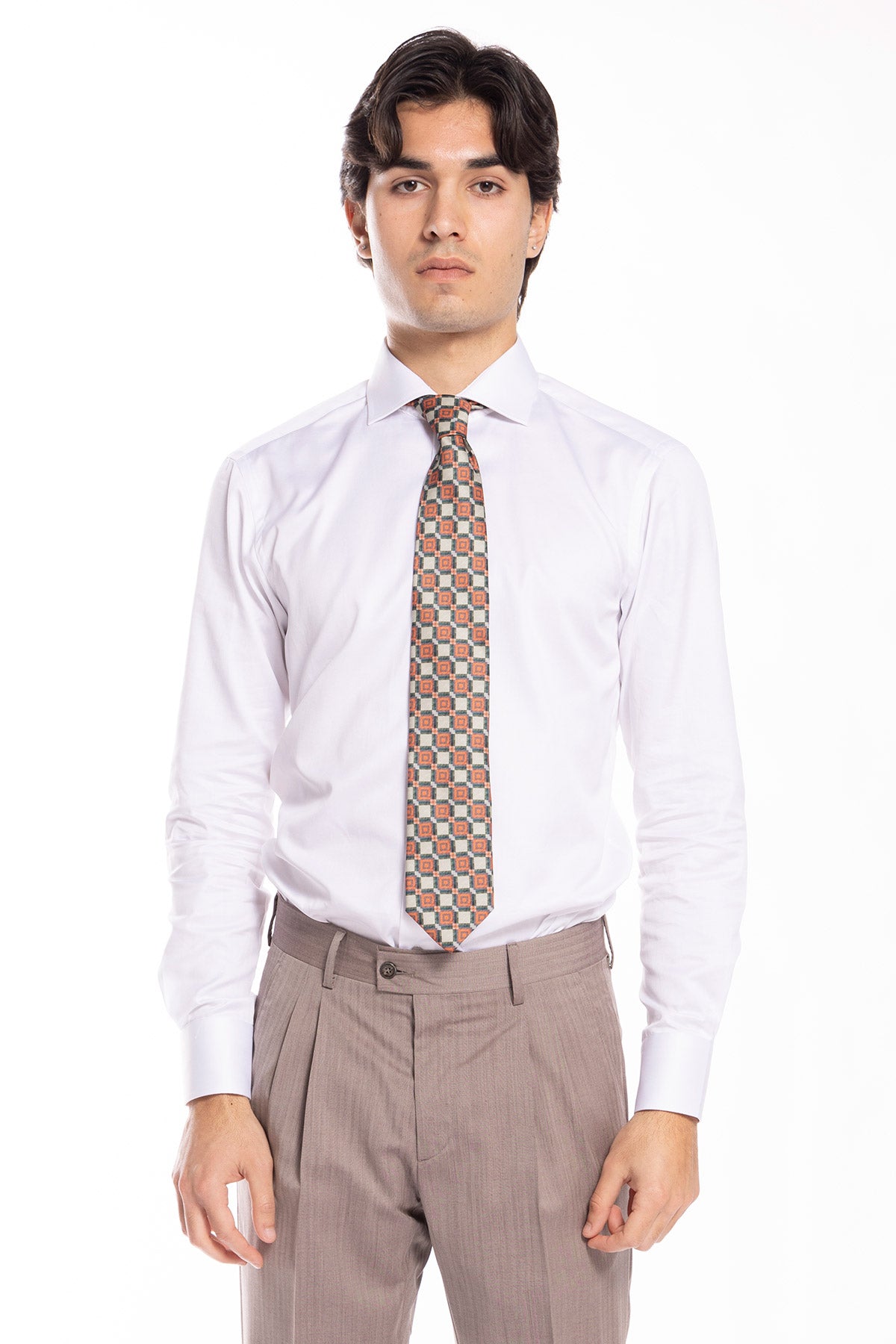 Cravatta uomo beige fantasia quadri arancio compresa di pochette abbinata