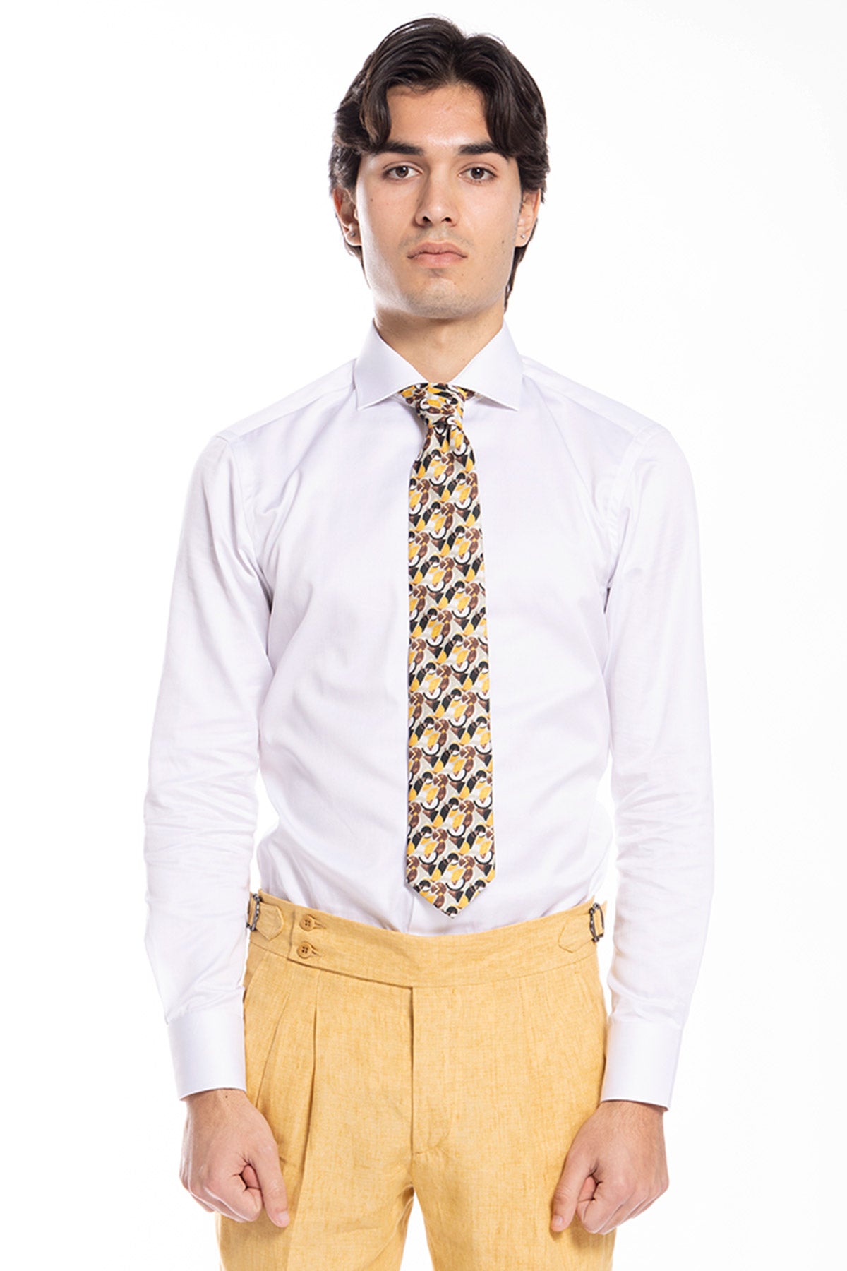 Cravatta uomo beige fantasia cerchi marroni e giallo compresa di pochette abbinata