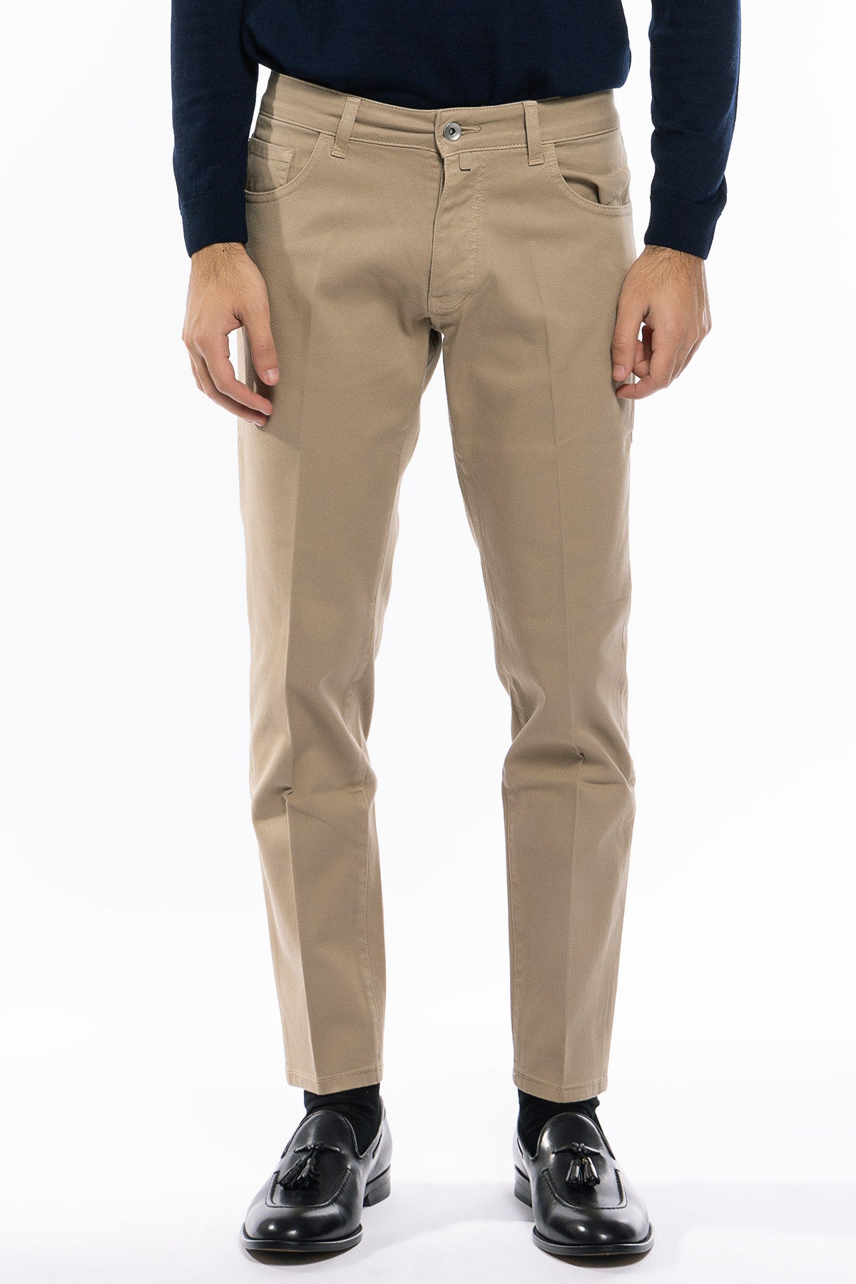 Jeans uomo beige tinta unita modello 5 tasche slim fit made in italy